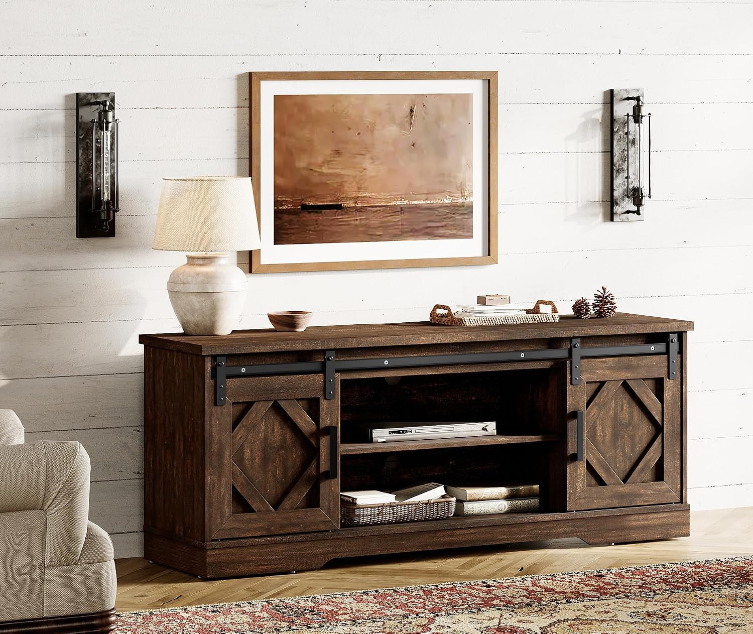 WAMPAT Modern Farmhouse TV Stand for TVs up to 65' with Sliding Barn Doors, 23.6' H Wood Entertainment Center with Adjustable Media Storage Shelf for Living Room, Dark Walnut Brown