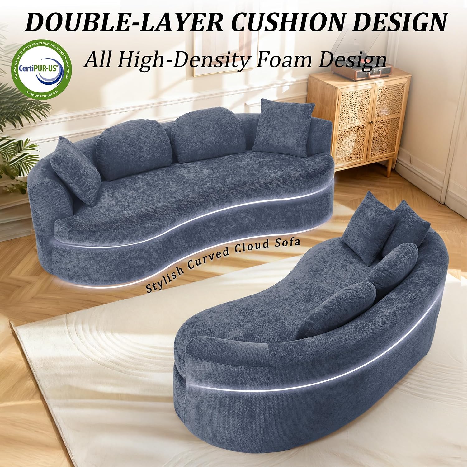 95' Modern Curved Sofa, Chenille Fabric Comfy Cloud Couch, No Assembly Required Half Moon Couch with Deep Seat, 4 Pillows for Living Room, Apartment, Bedroom