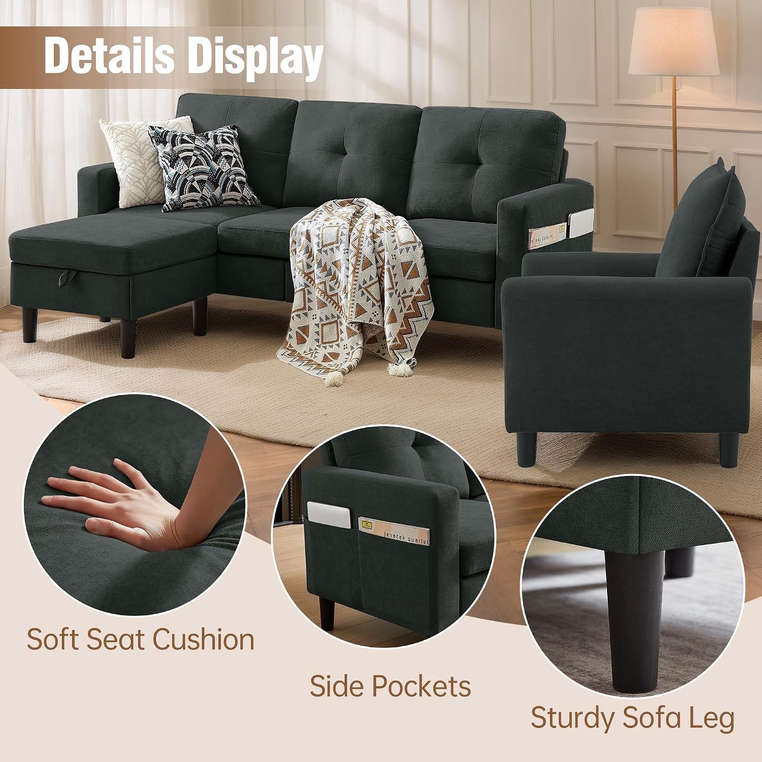 3 Piece Living Room Sofa Sets, Modern 3 Seater Sofa with Storage Ottoman and 2 PSC Armchair Couch Sets, Easy Assembly, Modern 5 Seat Sectional Couches for Living Room, Office,Black