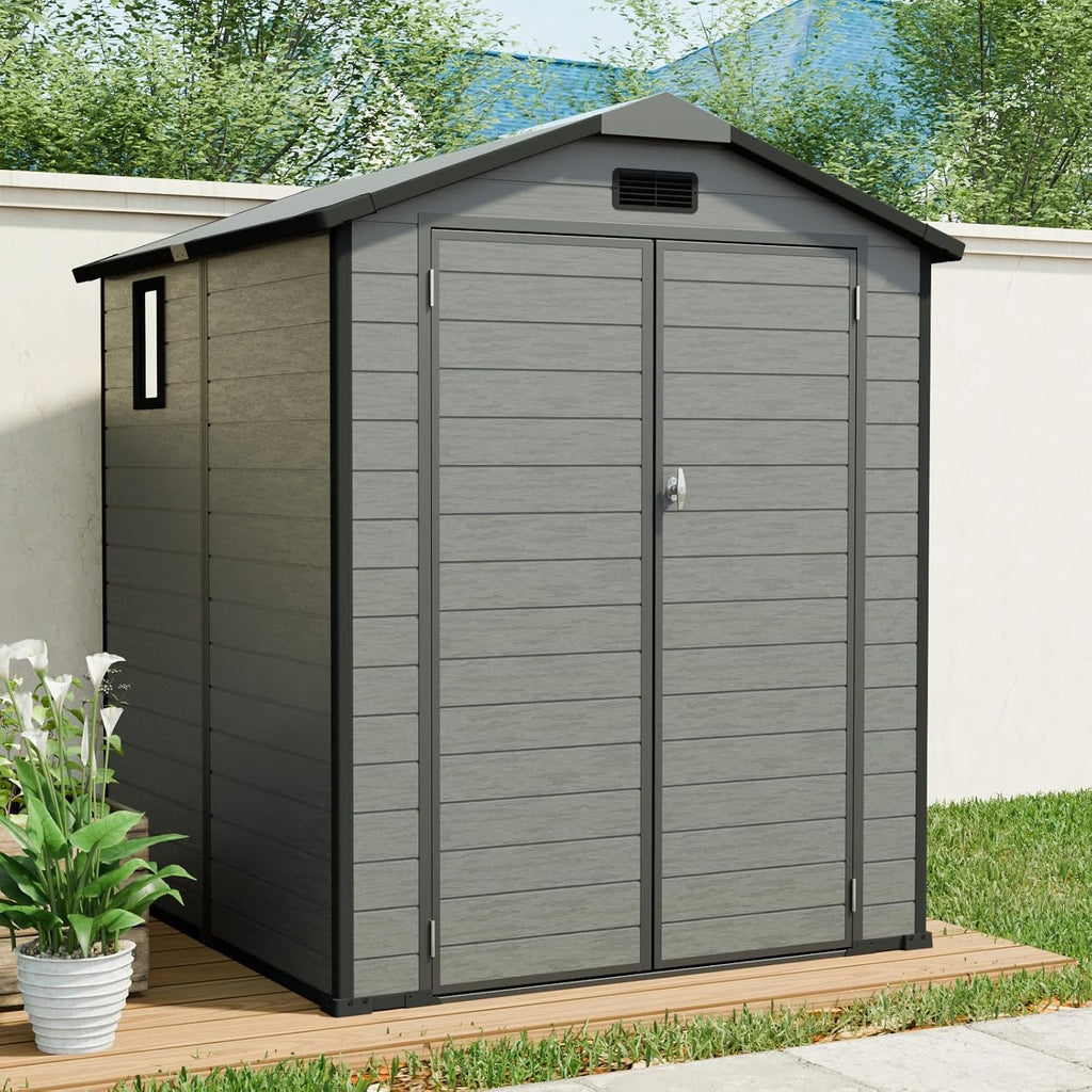 6 × 6 FT Resin Storage Shed, Lockable Plastic Shed with Transparent Top Plate, Two Windows, Floor and Vents for Lawn Mowers and Other Garden Tools Storage Dark Gray