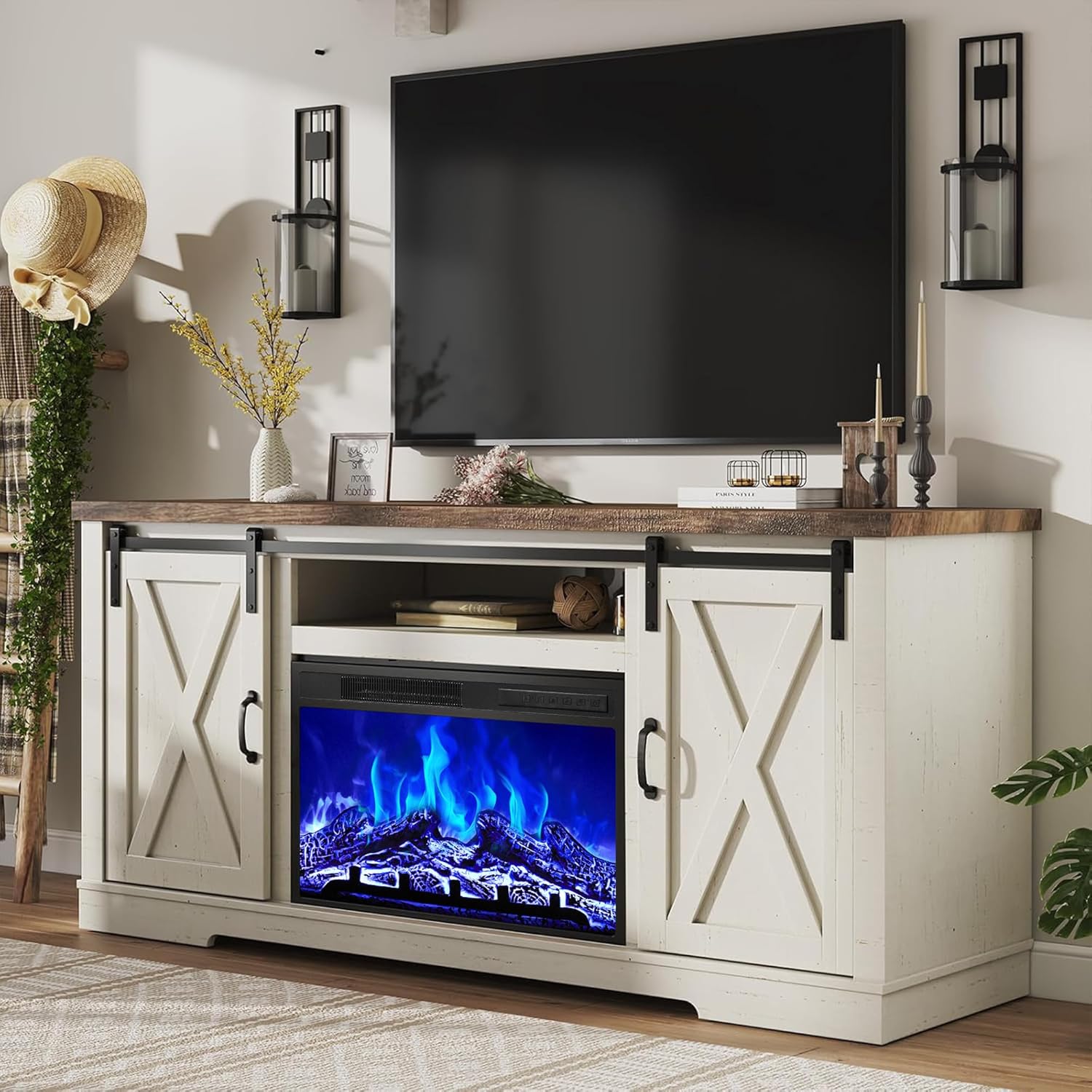 AMERLIFE Fireplace TV Stand with Sliding Barn Door for TVs up to 73', Farmhouse 63' Fireplace Entertainment Center with Storage Cabinets/Adjustable Shelves, Distressed White & Barnwood