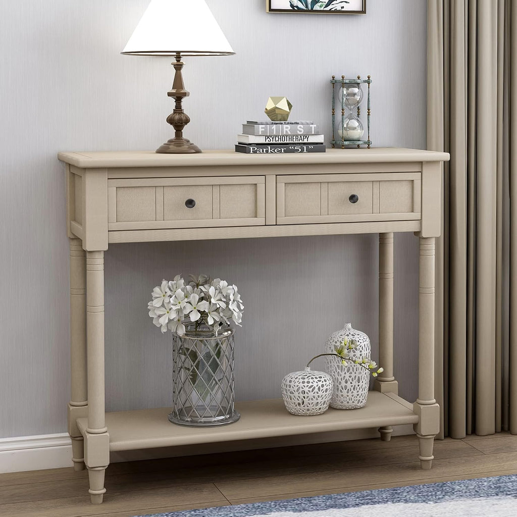 Merax Wood Sofa Table Console Table,Entryway Table Traditional Design with Two Drawers and Bottom Shelf for Living Room,Hallway,Dining Room,Retro Grey