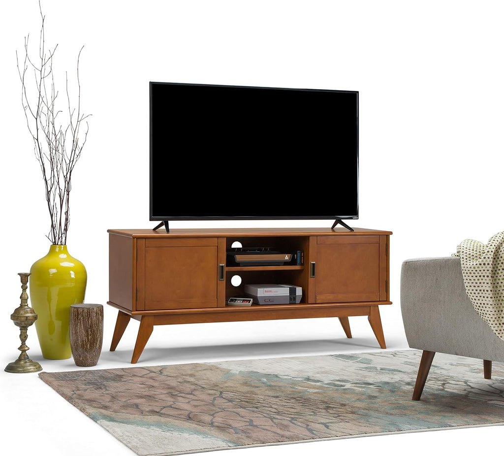 SIMPLIHOME Draper TV Stand - 60 inch Wide Solid Wood Low Media Console in Teak Brown, Mid Century Modern Entertainment Center for Living Room for TVs up to 65 Inches with Cabinets and Cable Management