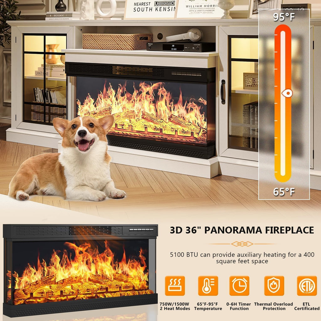 MXV 80'' Fireplace TV Stand, Farmhouse Entertainment Center with 3 Sided Glass TV Stand, Modern Media Console Table with Storage Drawers & Cabinets with LED Flame and Lights for Living Room, White