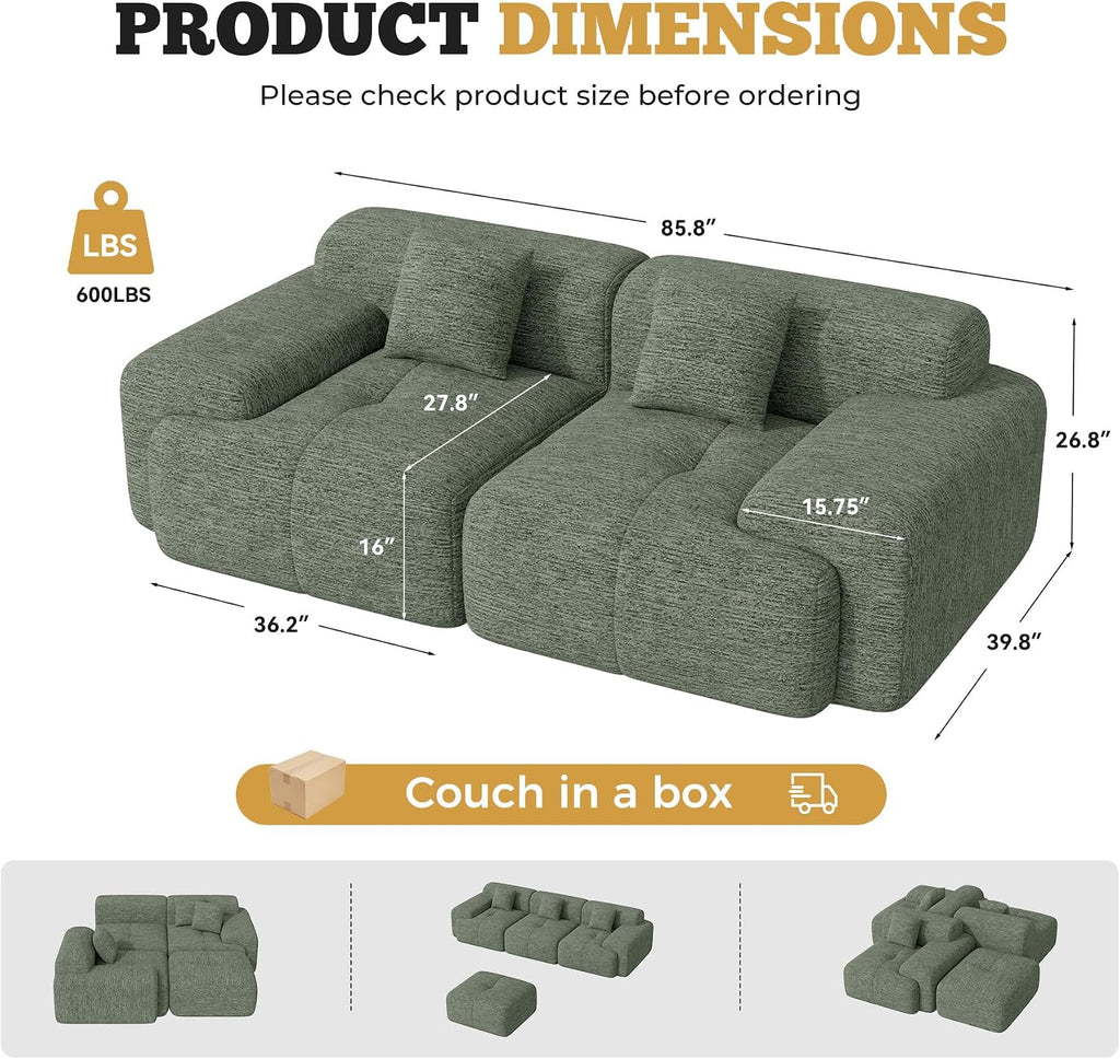 85' Cloud Loveseat Sofa in a Box, Modern Small Couch No Assembly Required, Comfy Deep Seat Boneless Couches for Living Room, Bedroom, Apartment, Green 1 PCS