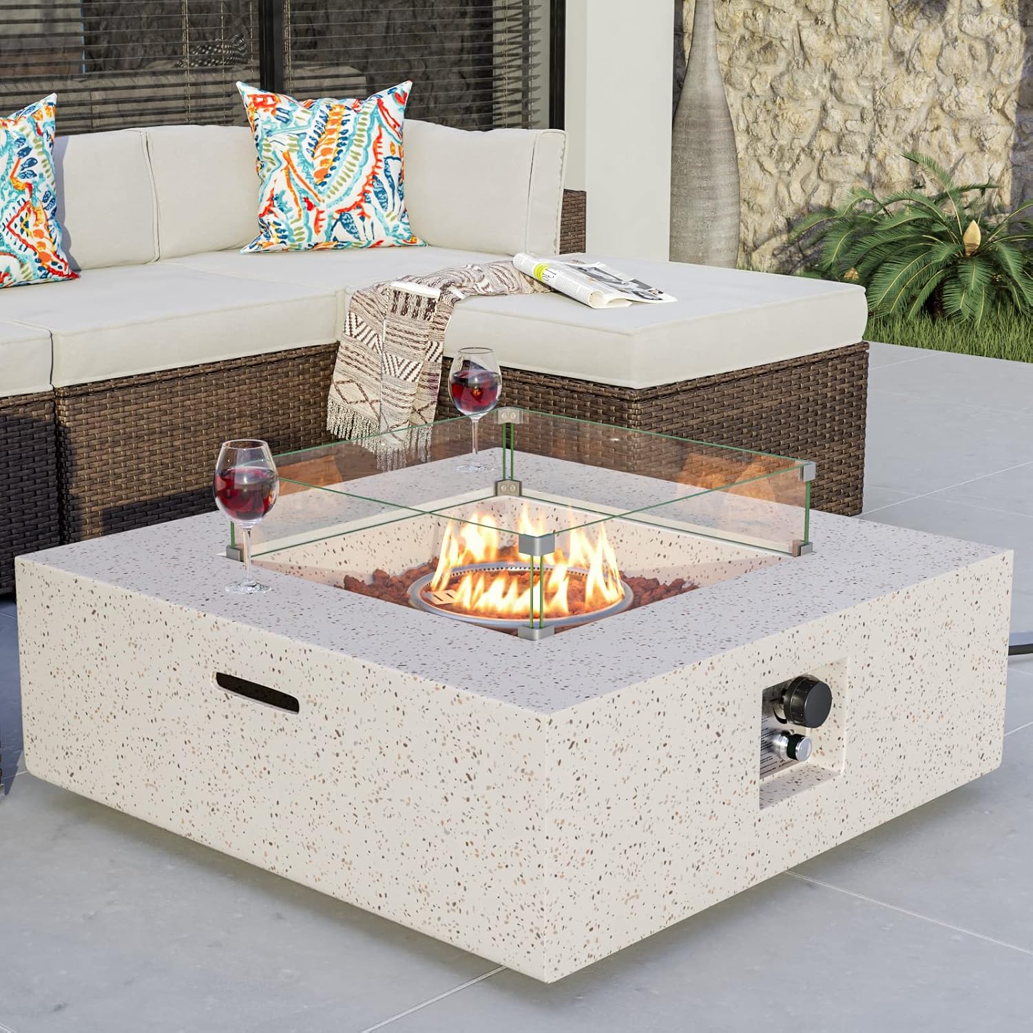 COSIEST Square Outdoor Sandstone Propane Fire Pit w Wind Guard, Certified, 50,000 BTU Stainless Steel Burner, 35-inch, Free Lava Rocks and Rain Cover, Tank Outside, Metal Lid
