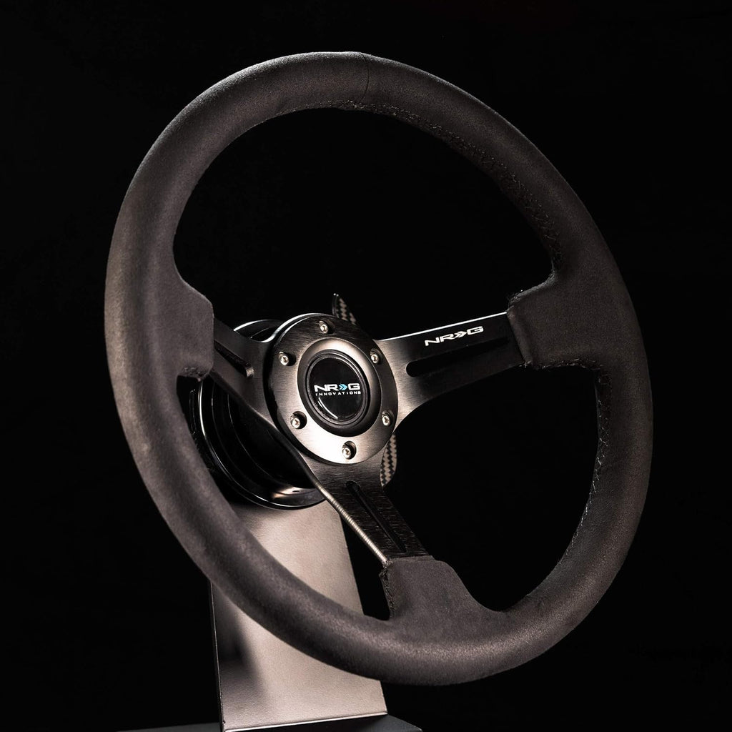 NRG Innovations NRG-RST-018SA Reinforced Steering Wheel 350mm Sport Steering Wheel (3' Deep) Black Leather with Alcantara Stitching, Slit Spoke Design over Circular Cut-Outs