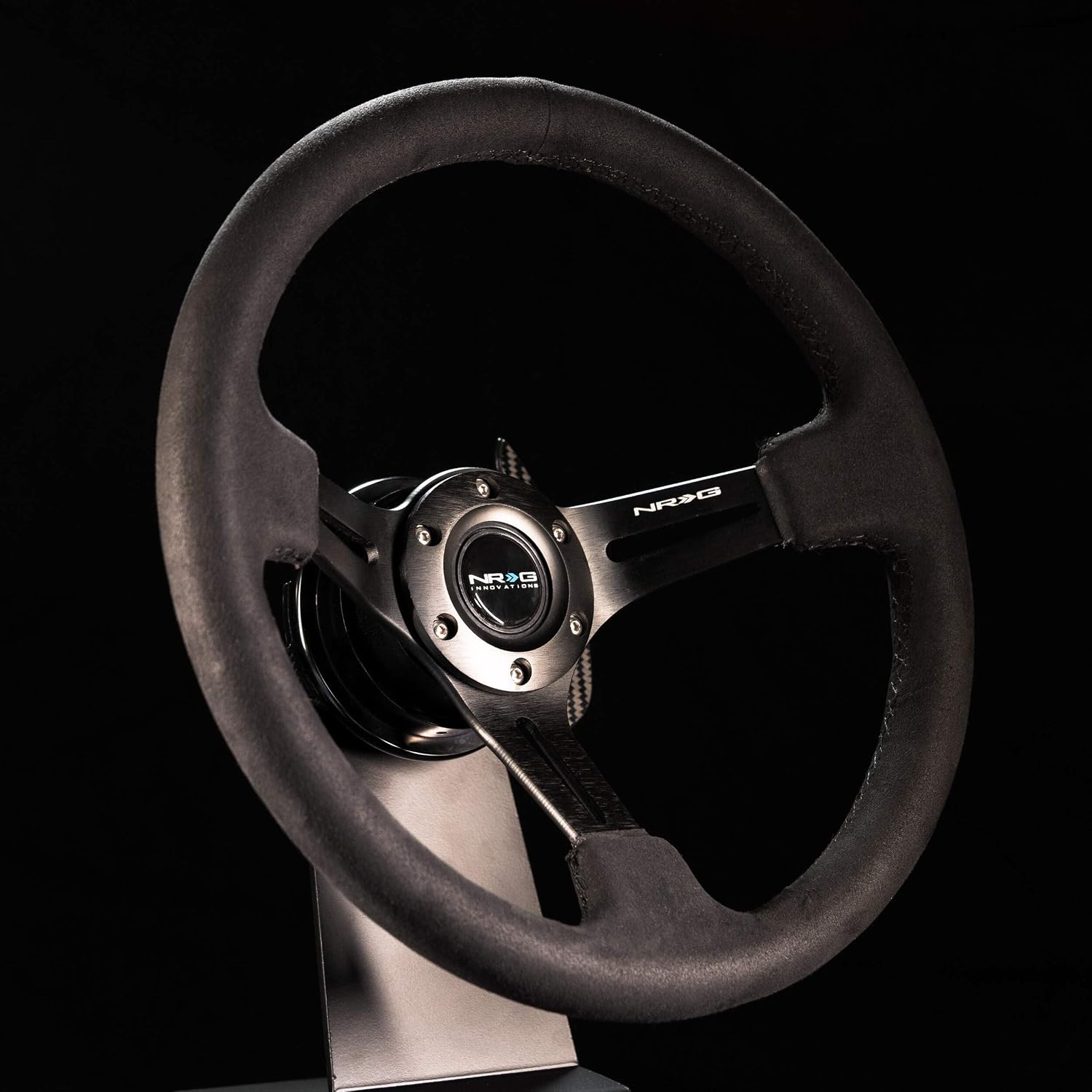 NRG Innovations NRG-RST-018SA Reinforced Steering Wheel 350mm Sport Steering Wheel (3' Deep) Black Leather with Alcantara Stitching, Slit Spoke Design over Circular Cut-Outs
