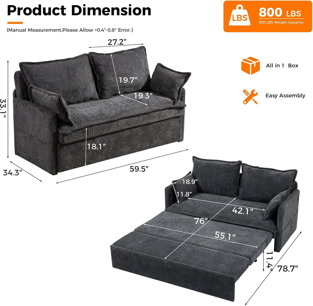 2 in 1 Queen Size Sofa Bed, 59.5' Convertible Sofa with USB/C-Type Ports, Corduroy Sleeper Sofa with Side Pockets, Loveseat Chaise for Small Spaces, Living Room & Bedroom (Grey)