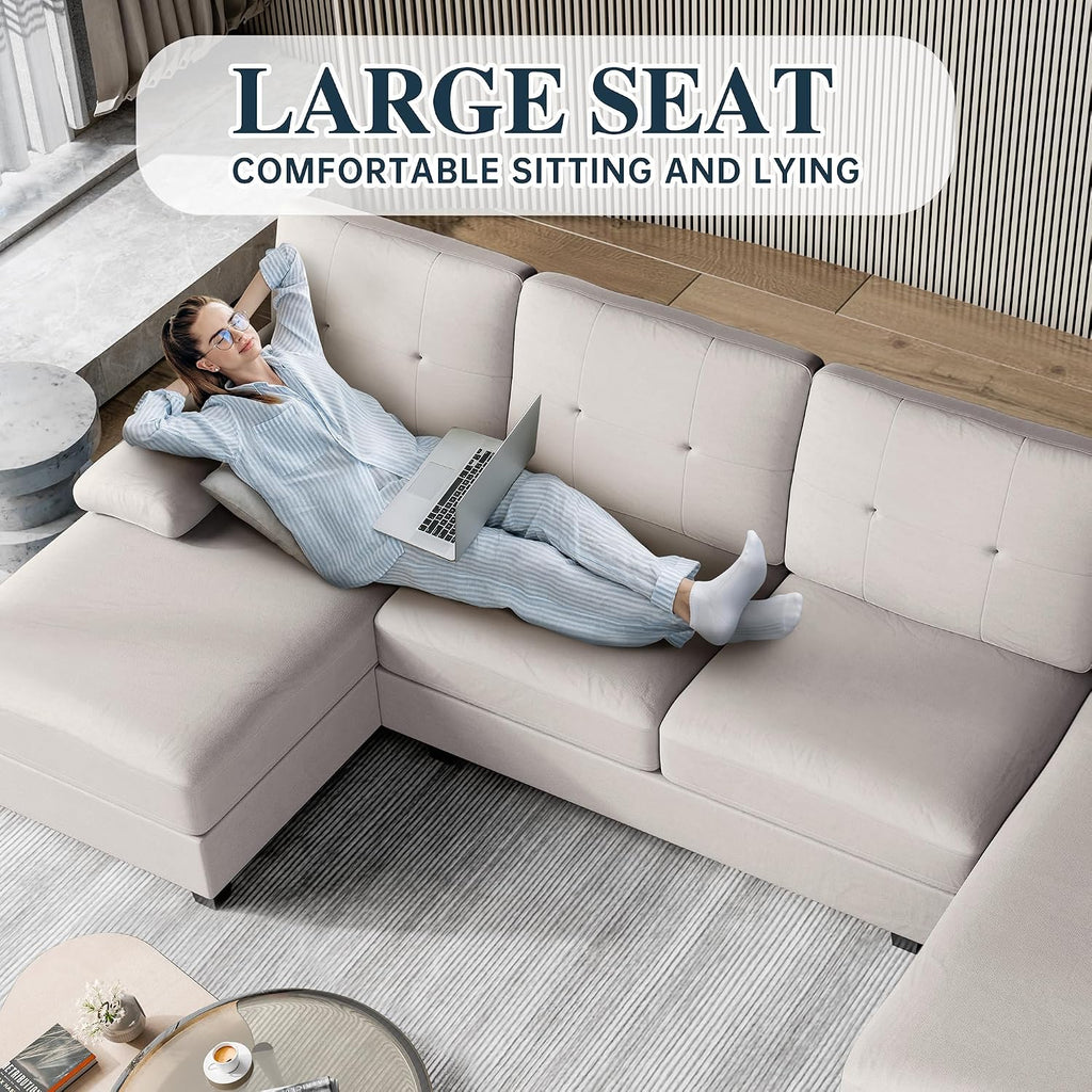 Sectional Couches for Living Room, U Shaped Couch with Linen Fabric, 4 Seat Sofa with Removable Pillows for Apartment and Small Space, White