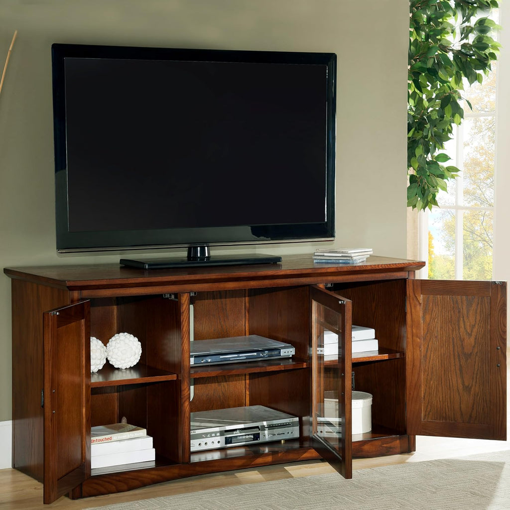 Leick Home 82350 Solid Wood Mission Oak Three Door TV Stand For 55' TVs Universal TV Console Living Room Storage Shelves Entertainment Center, Mission Oak