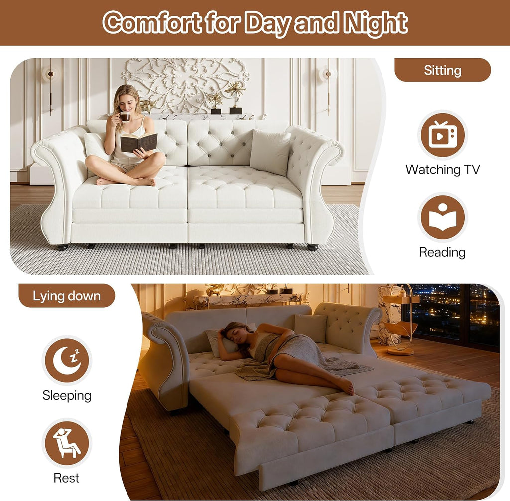 83.8' Queen Size Sleeper Sofa Bed, 3-in-1 Convertible Pull Out Chesterfield Sleeper Couch, Oversized Velvet Flower Button Tufted Loveseat Sofa for Living Room Small Spaces, Beige White