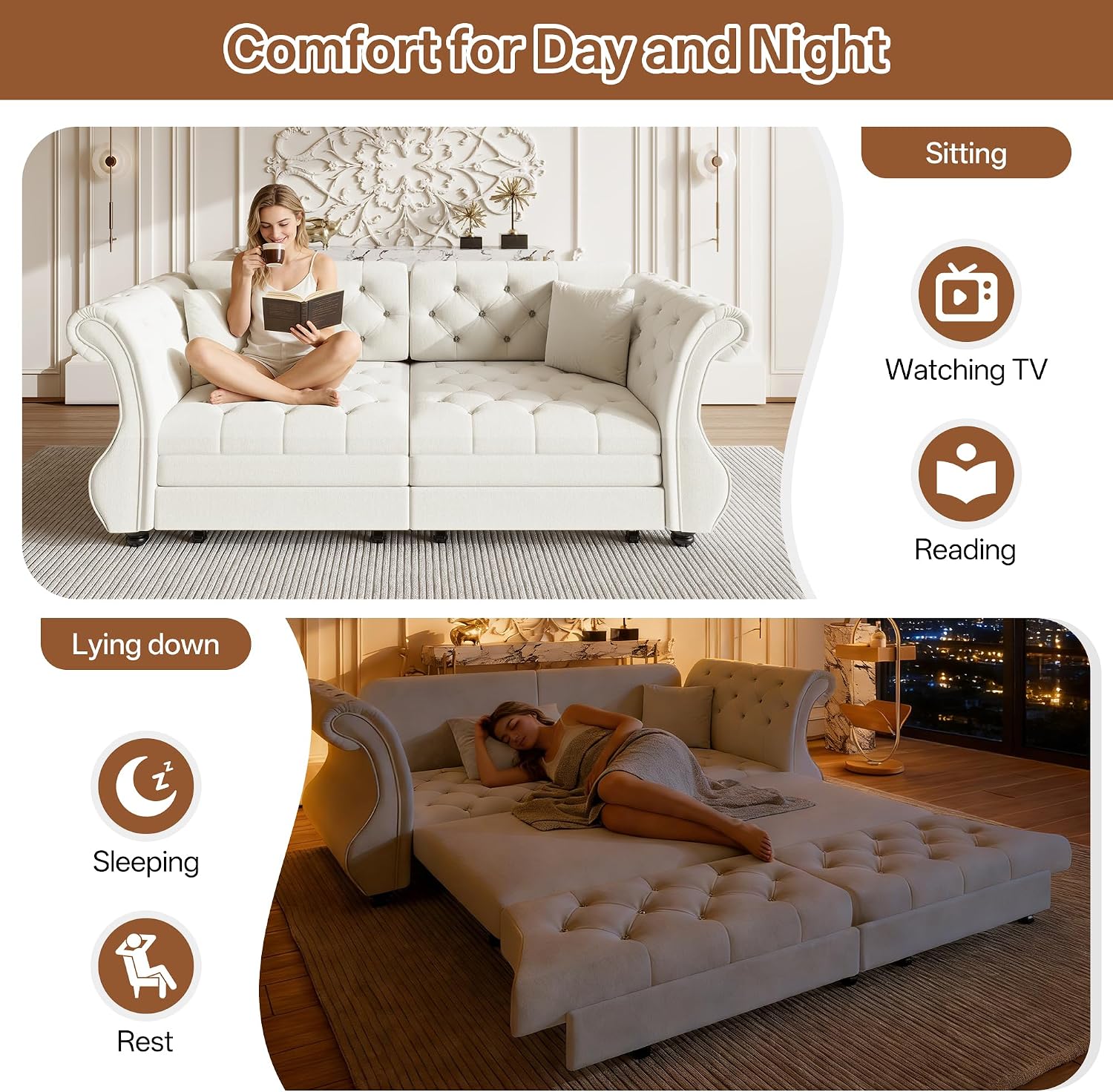 83.8' Queen Size Sleeper Sofa Bed, 3-in-1 Convertible Pull Out Chesterfield Sleeper Couch, Oversized Velvet Flower Button Tufted Loveseat Sofa for Living Room Small Spaces, Beige White