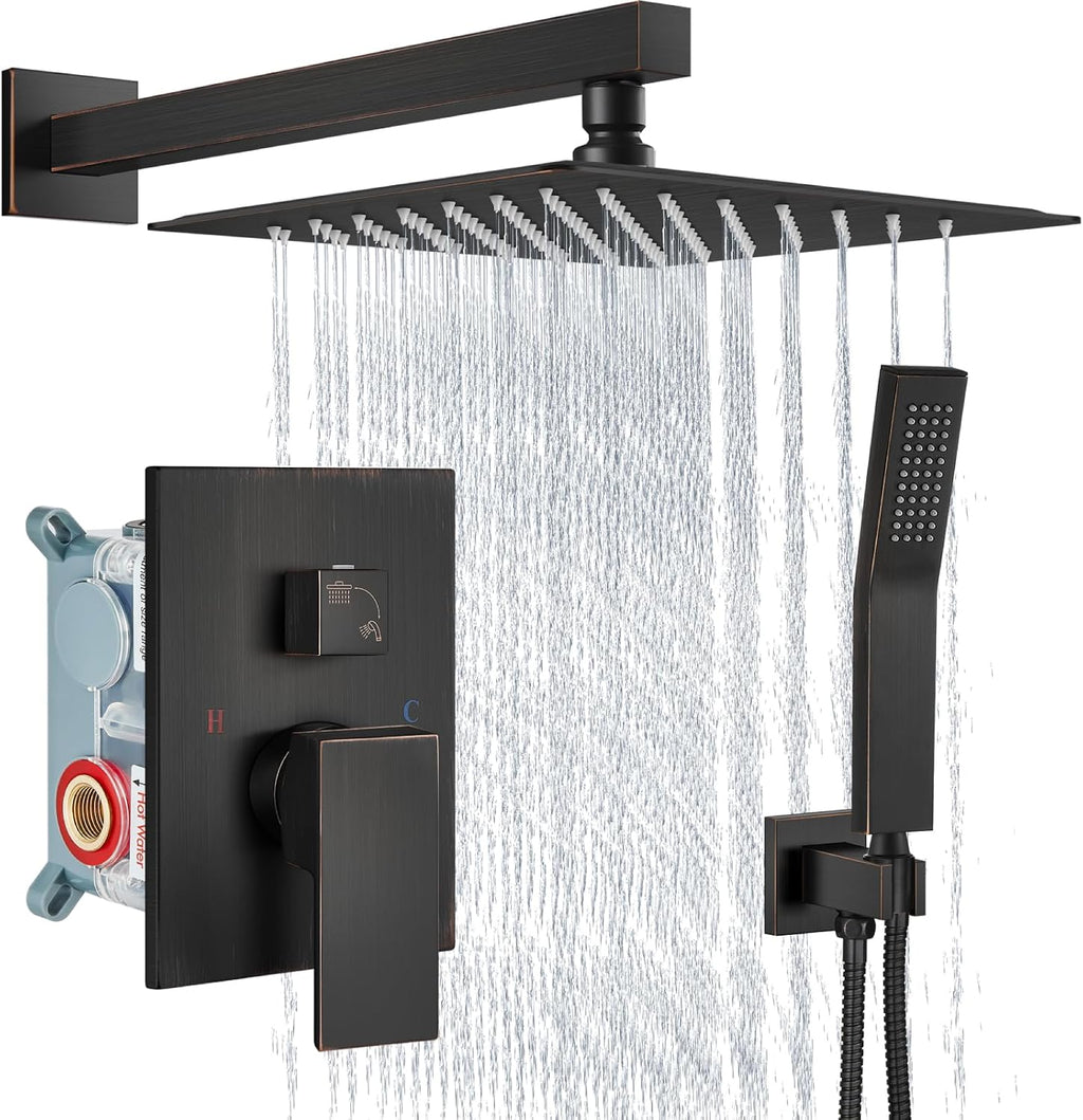 Aolemi Shower Faucet Set Rain Shower System with Handheld Spray Bathroom Shower Combo Rough-in Valve and Shower Trim Kit Included Oil Rubbed Bronze 12 Inch Wall Mount Shower Head