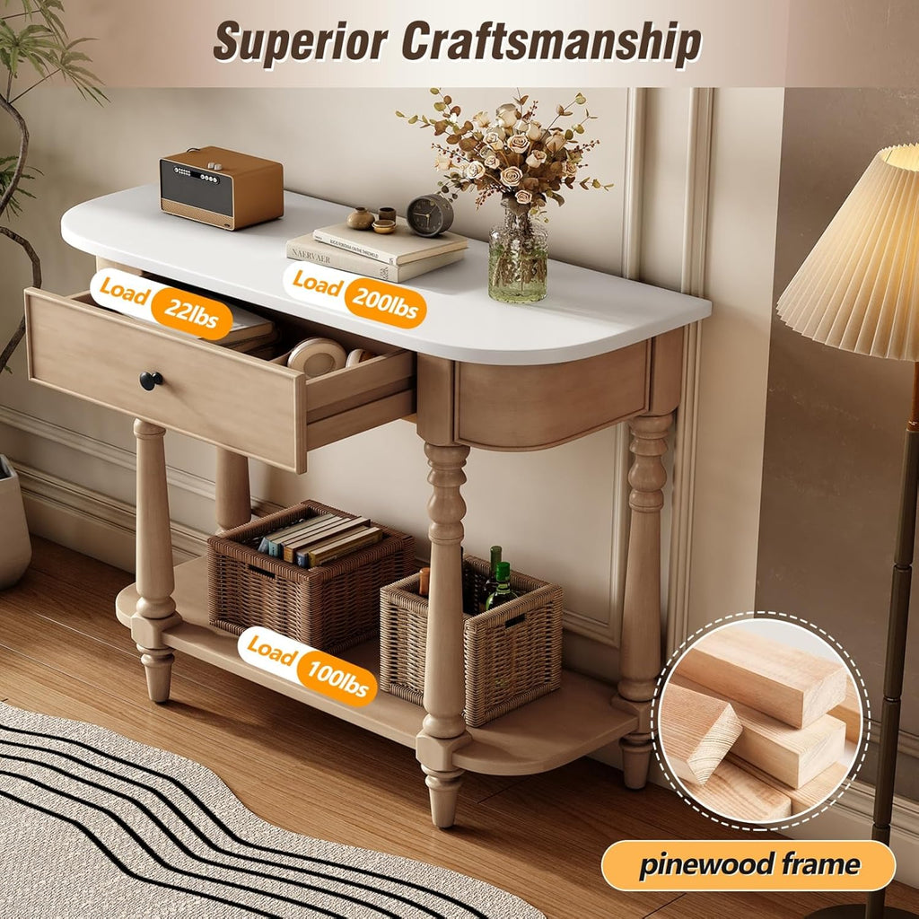 Retro Curved Console Table, 36' Solid Wood Half Moon Console Table Sofa Table Entryway Table with 1 Drawer 1 Open Shelf Roman Legs Curved Corners for Living Room,Entryway,Hallway,White+Beige