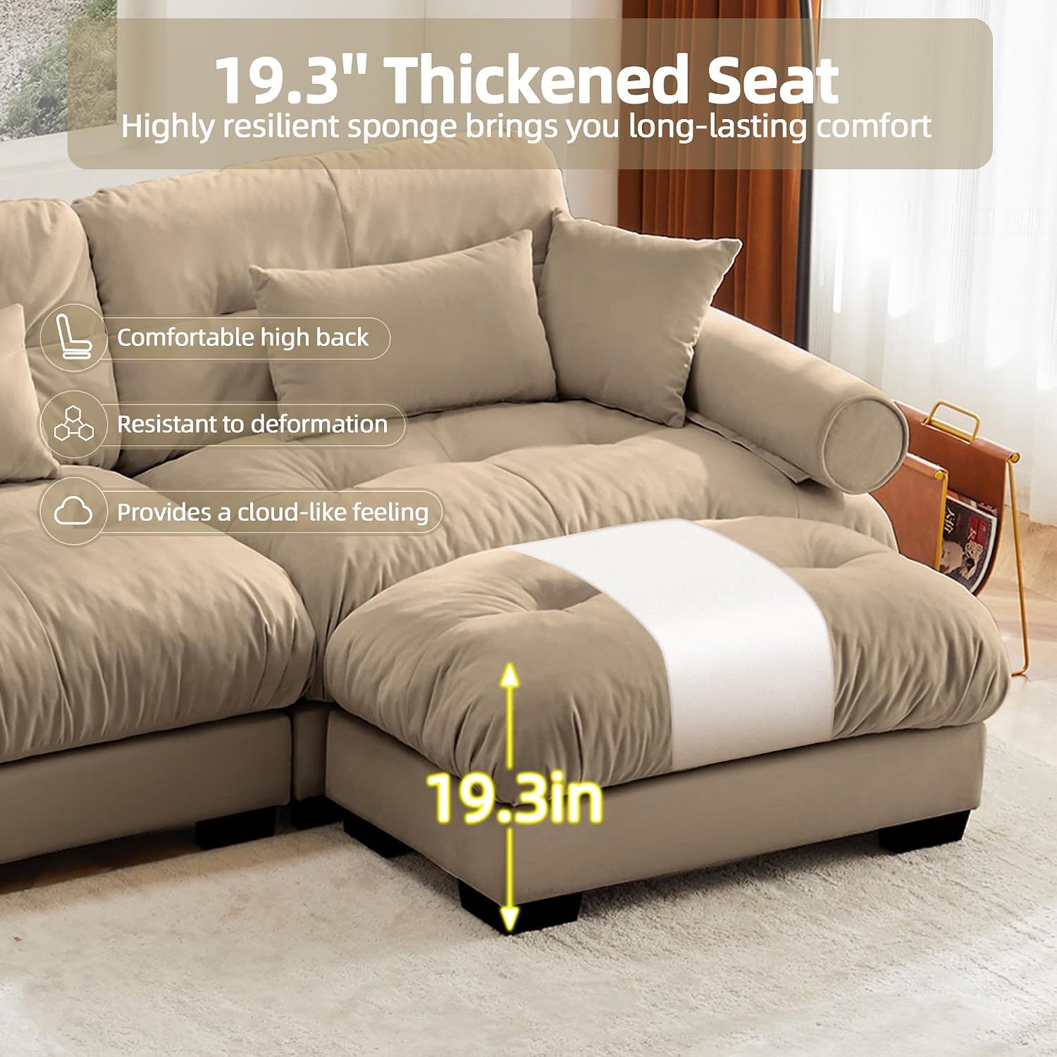 Loveseat Sofa 93.7' Modular Sectional Sofa, 2 Seater Modern Cloud L Shaped Couch, Oversized Sectional Couches for Living Room, Comfy Velvet Sofas Deep Seat Couch with 4 Pillows, Camel