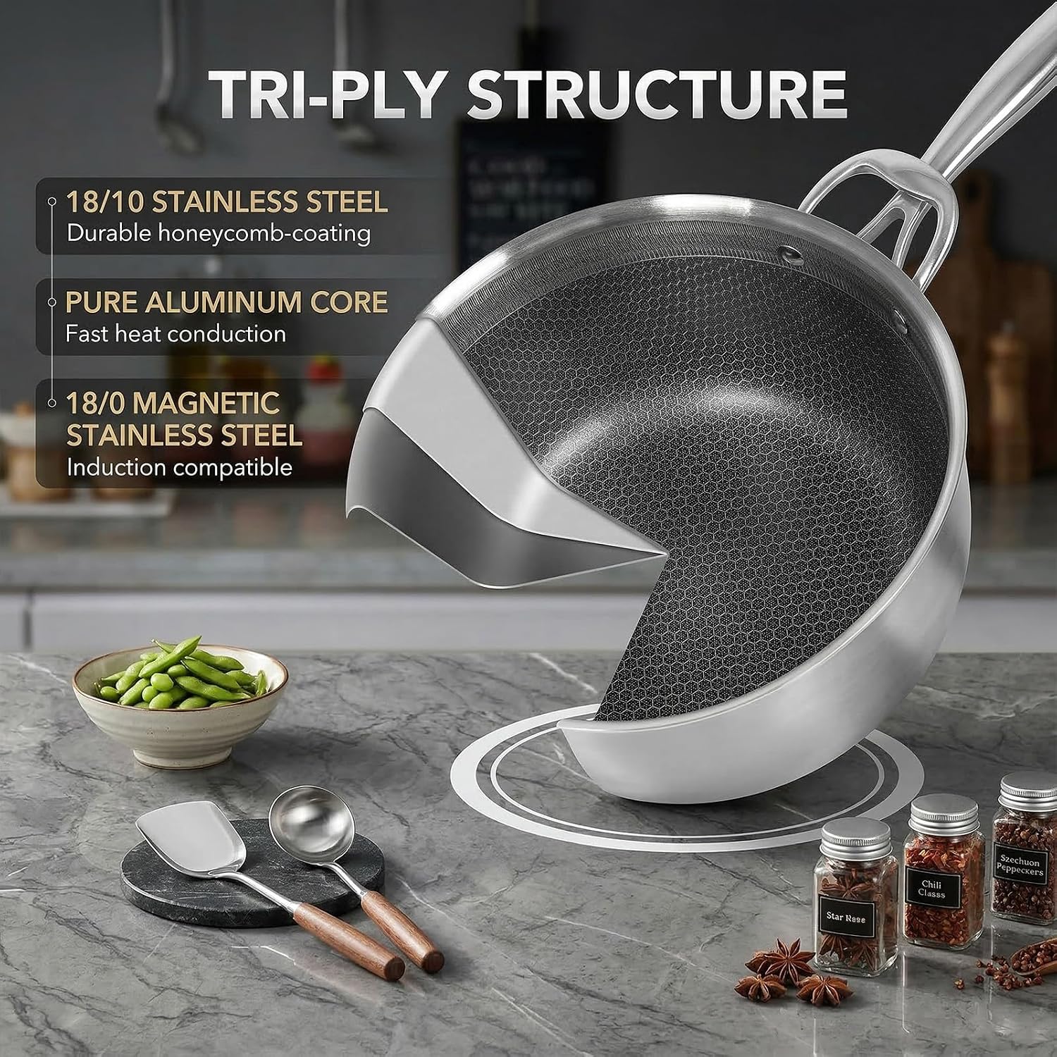 KIKCOIN Tri-Ply Stainless Steel Stock Pot 8 Quart with Lid, 18/10 Stainless Steel Cooking Pot with Honeycomb Interior, Induction Compatible Soup Pot for Gas, Electric & All Cooktops