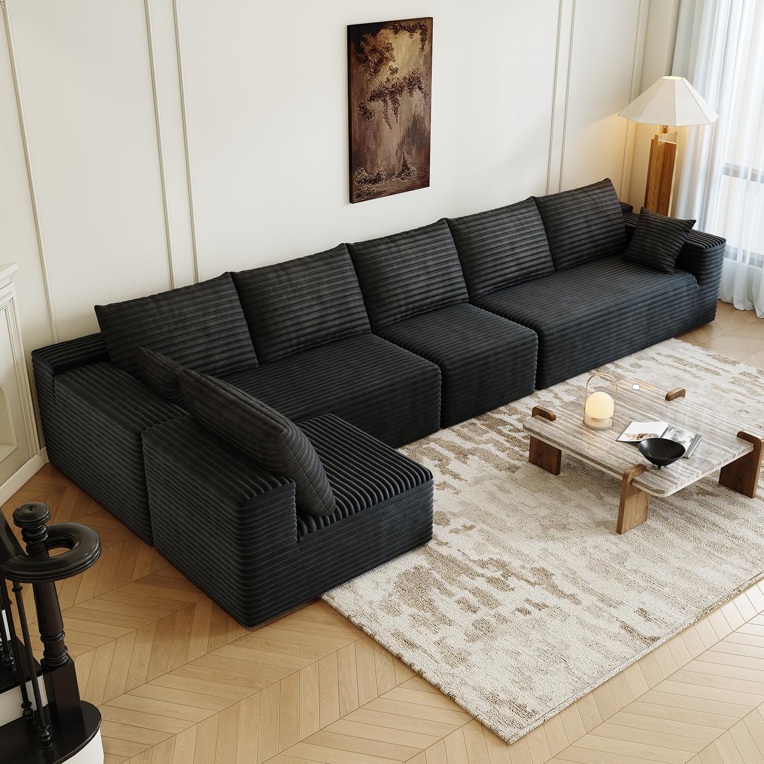 139.4' Modular Sectional Sofa, U-Shaped Minimalist Couches with 2 Middle Seats, Modern Deep Seat Convertible Sleeper Sofa Bed,Cloud Plush Corduroy Fabric, No Assembly Required, 6 Seater, Black