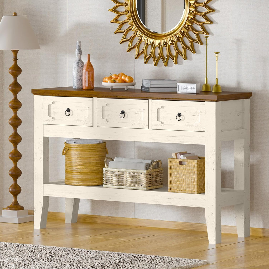 IDEALHOUSE 47in Long Console Table, Farmhouse Narrow Entryway Sofa Table with Drawers and Bottom Shel for Living Room Entrance Foyer, Rustic White