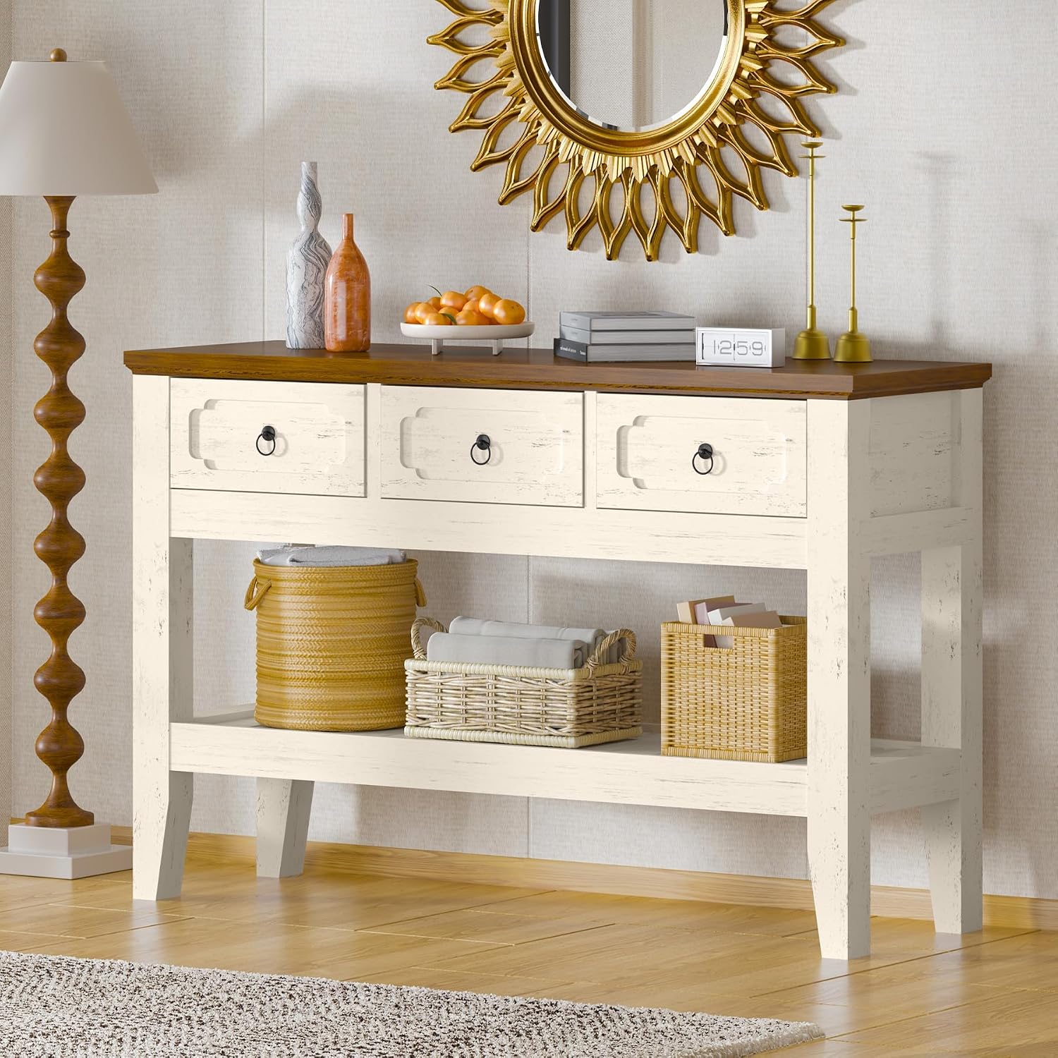 IDEALHOUSE 47in Long Console Table, Farmhouse Narrow Entryway Sofa Table with Drawers and Bottom Shel for Living Room Entrance Foyer, Rustic White