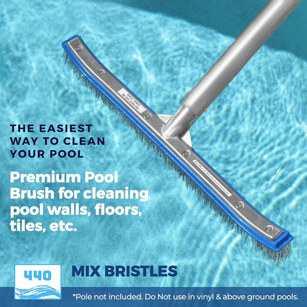 440 Combo Nylon and Stainless Steel Pool Brush - 18-Inch Heavy Duty Head for Cleaning Inground Pool Tiles, Walls, Floor and Steps - Scrub Brush Replacement Head, Strong Bristles - No Pole - Pack of 12