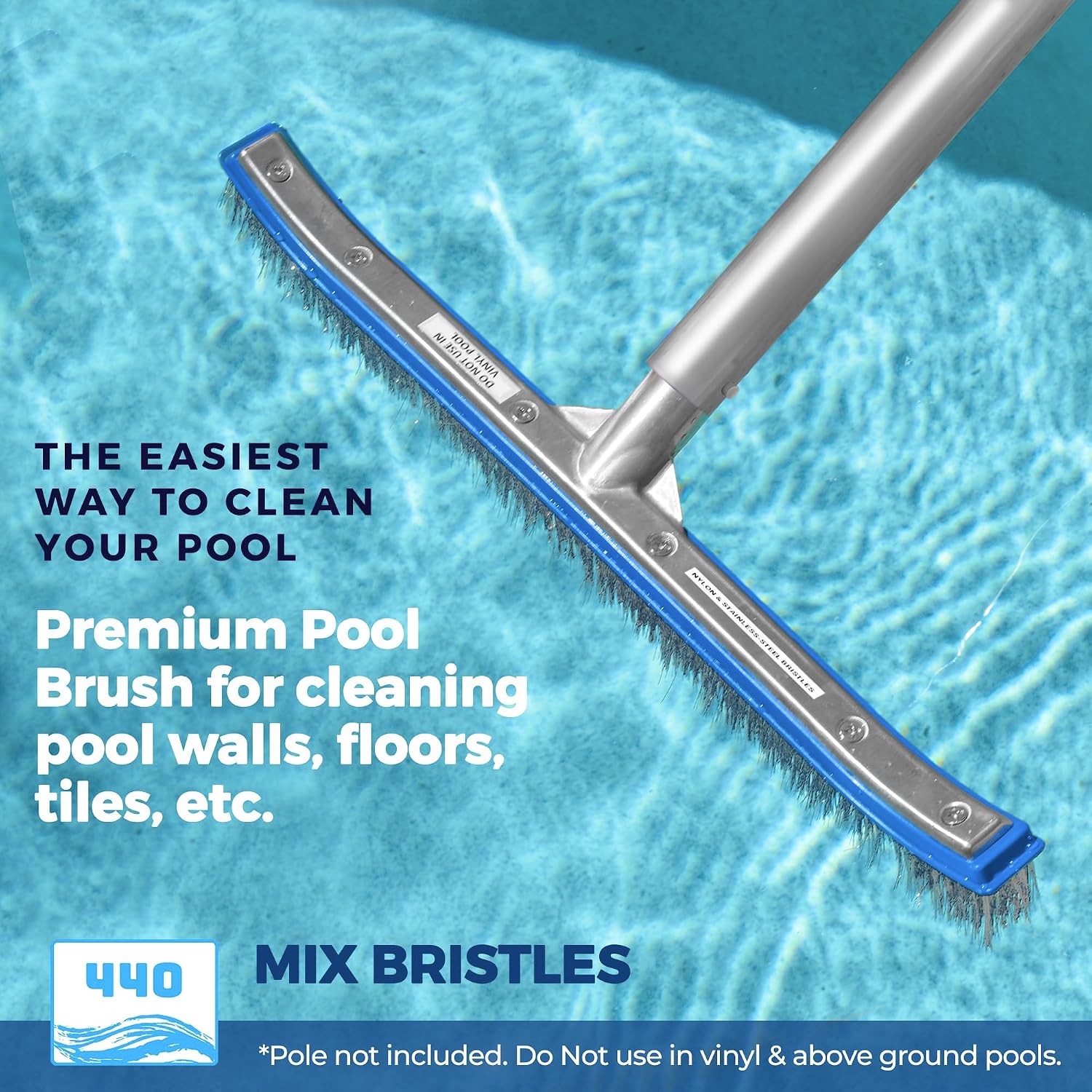 440 Combo Nylon and Stainless Steel Pool Brush - 18-Inch Heavy Duty Head for Cleaning Inground Pool Tiles, Walls, Floor and Steps - Scrub Brush Replacement Head, Strong Bristles - No Pole - Pack of 12