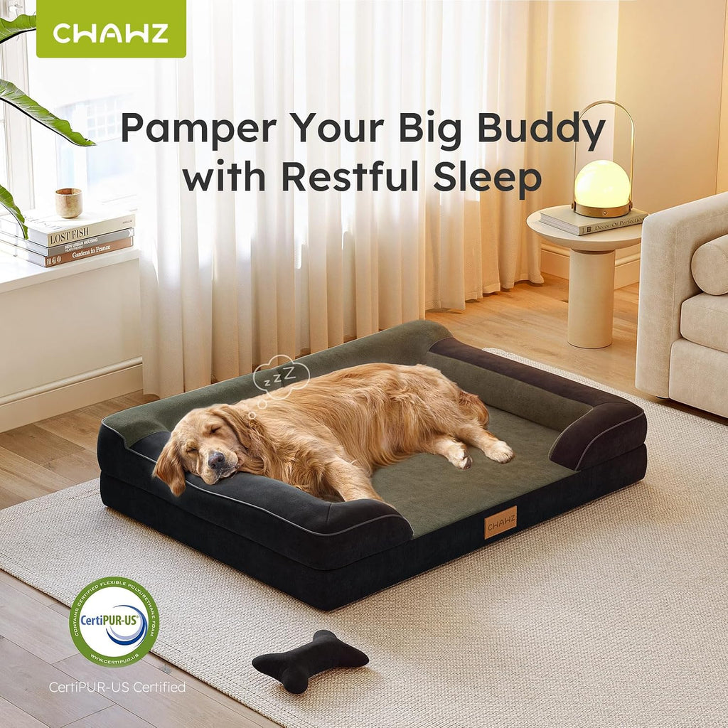 CWAWZ XXL Dog Bed for Extra Large Dogs, Giant Orthopedic Dog Bed with Cooling Gel Memory Foam, Waterproof Pet Bed with Removable Washable Cover, 53' Pet Sofa Bed Dutch Velvet with Bone Toy, Black