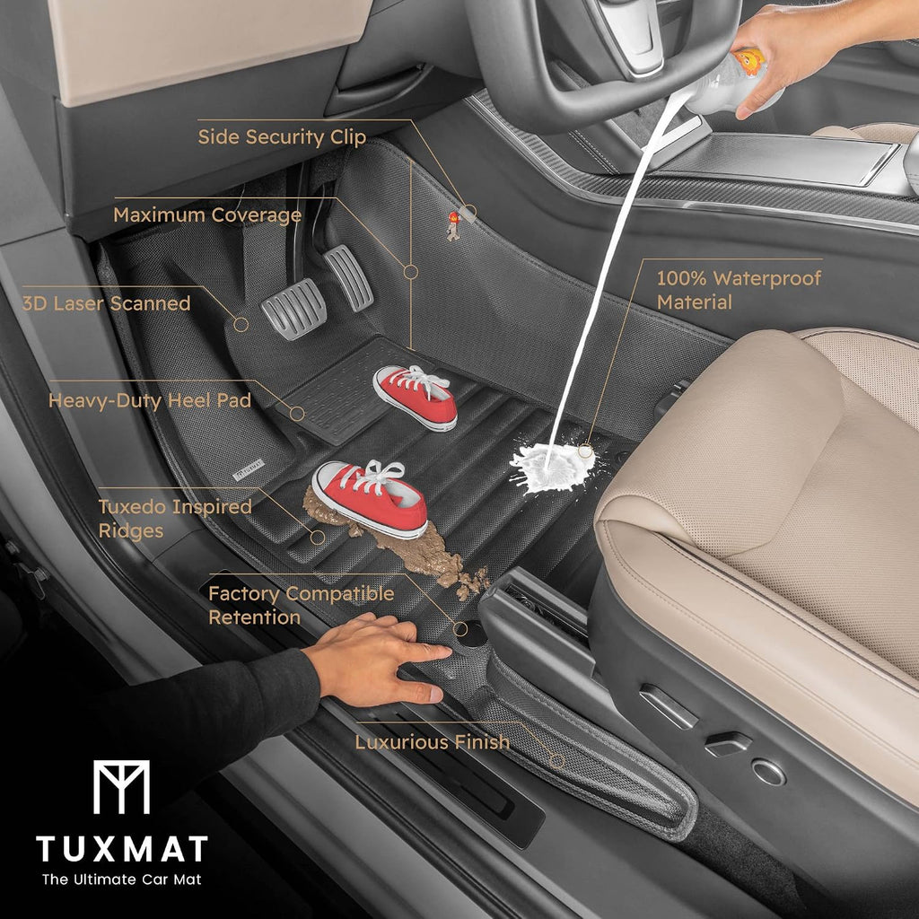 TuxMat - for Tesla Model 3 2017-2023 Models - Custom Car Mats - Maximum Coverage, All Weather, Laser Measured - This Full Set Includes 1st and 2nd Rows Black