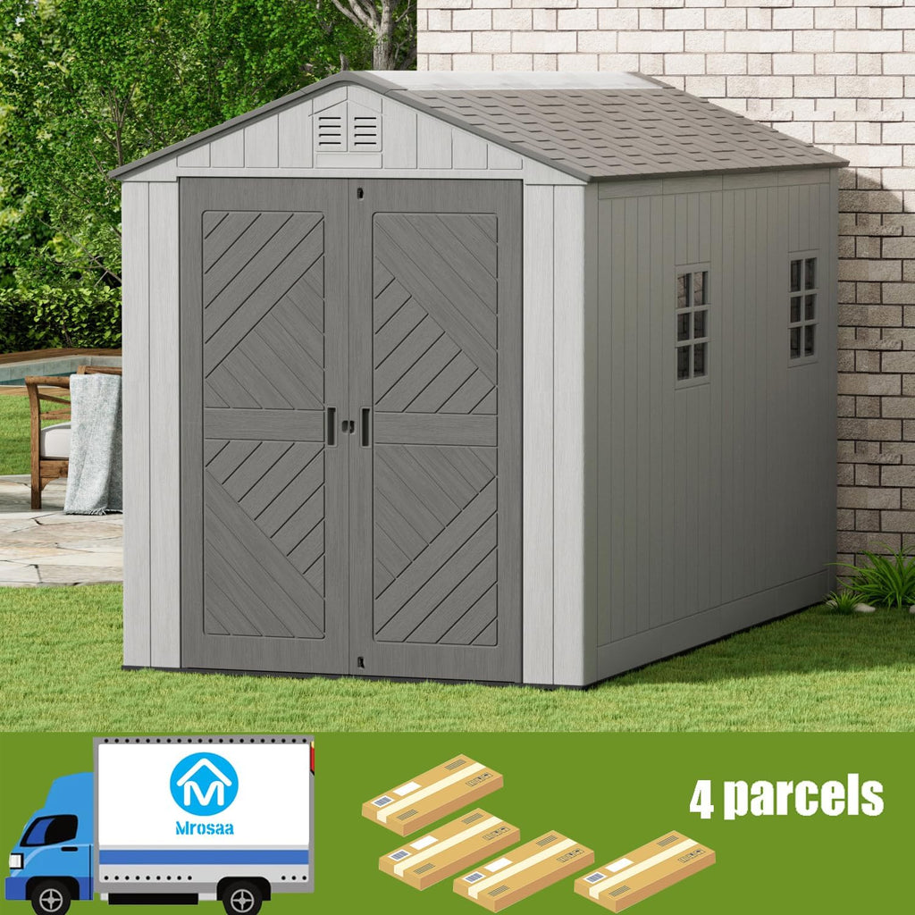 Mrosaa 6x11 FT Storage Shed with Floor,HDPE Resin Outdoor Storage Shed Weather Resistant,Lockable Garden Sheds with Windows for Home/Garden Tools/Backyard/Lawn Mower/Bike Storage(Gray)