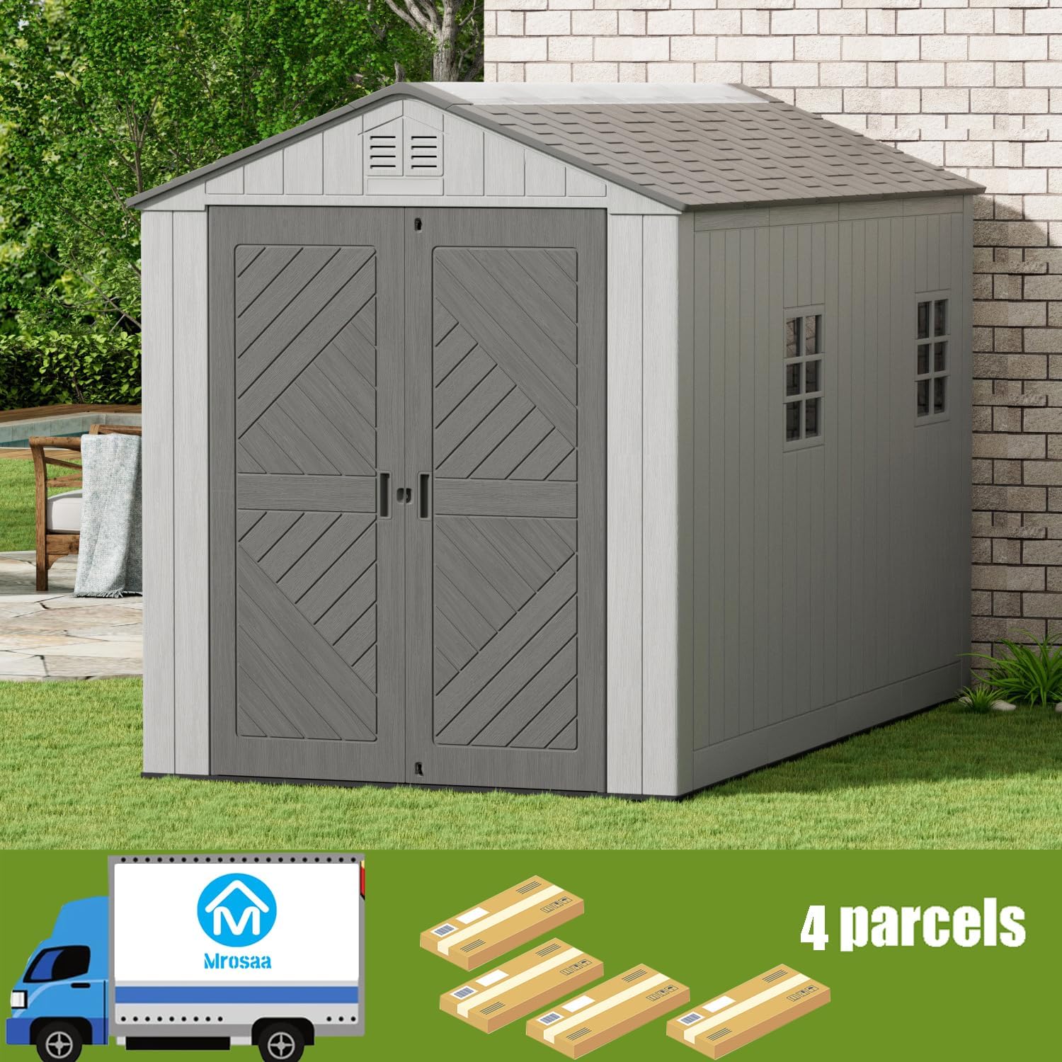 Mrosaa 6x11 FT Storage Shed with Floor,HDPE Resin Outdoor Storage Shed Weather Resistant,Lockable Garden Sheds with Windows for Home/Garden Tools/Backyard/Lawn Mower/Bike Storage(Gray)