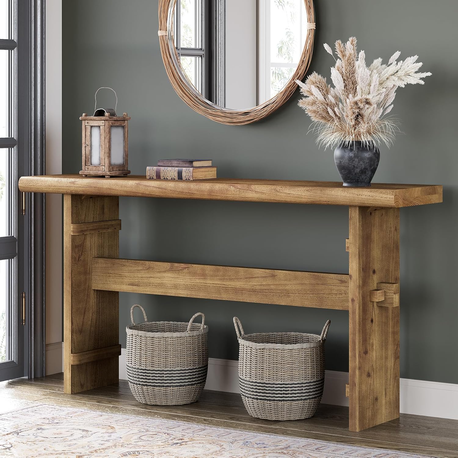 TRIBEWOOD 63-Inch Solid Wood Console Table for Entryway, Narrow Long Farmhouse Sofa Table Behind Couch, for Foyer, Hallway, Living Room, Easy Asswmbly, Brown