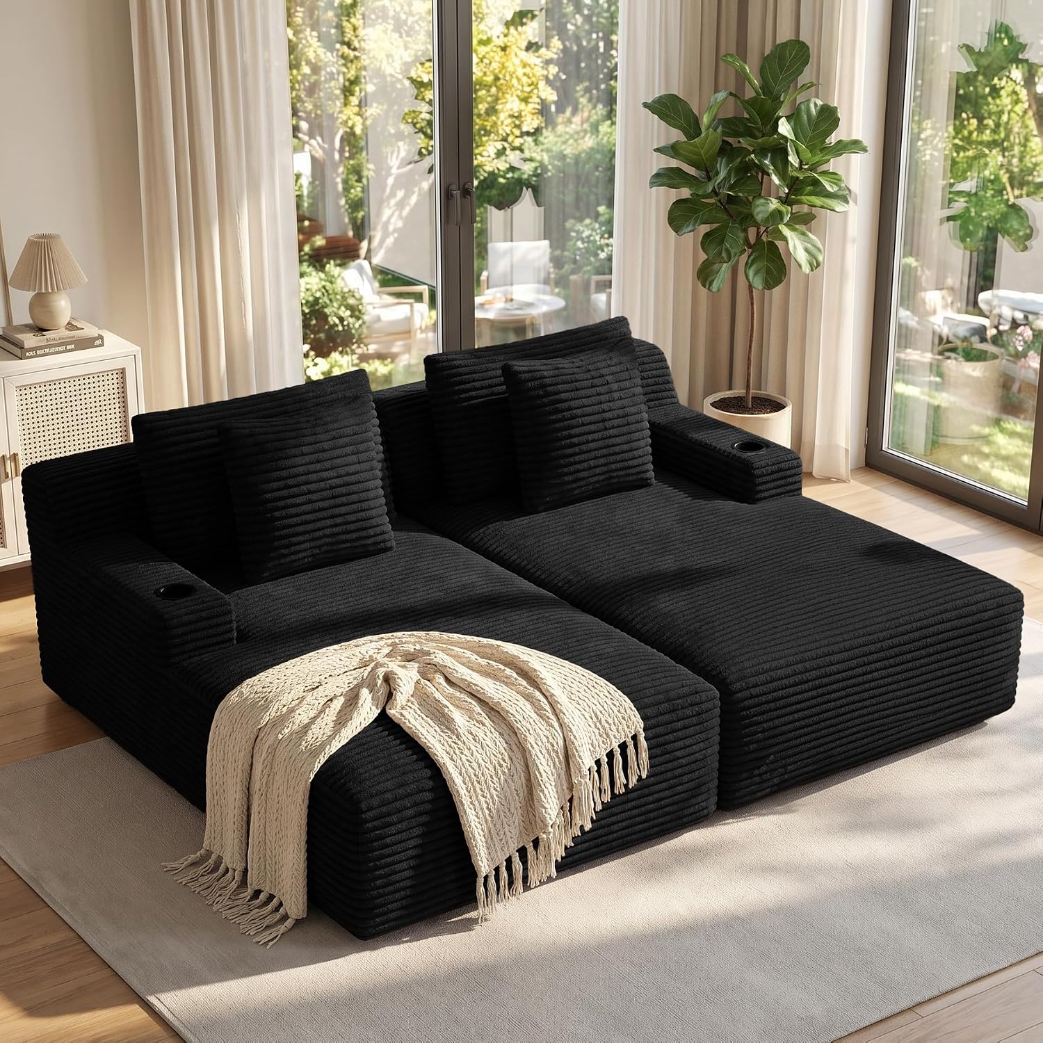 Luxanimarion 80'' Double Chaise Lounge Chair Indoor, Non-Assembly Deep Seat Sofa with Cup Holders Boneless Bed with 4pcs Pillows for Living Room Bedroom, Black- Corduroy