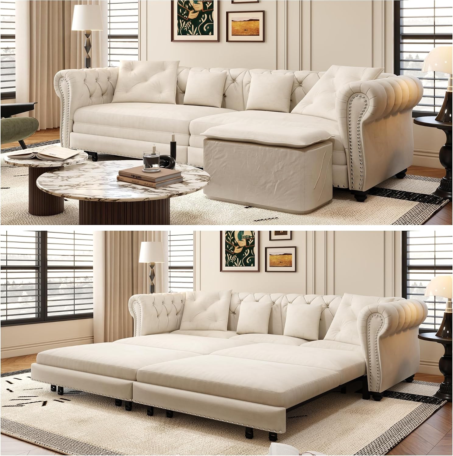 89' King Size Sleeper Sofa Bed, 3-in-1 Convertible Pull Out Chesterfield Sleeper Couch with Ottoman, Oversized Velvet Button Tufted L Shaped Sofa for Living Room Small Spaces, Beige White