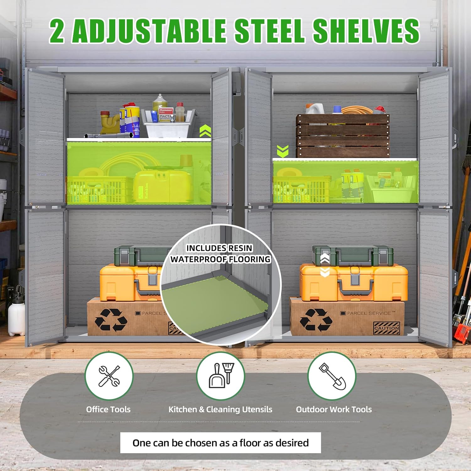 Large 58 Cu.Ft Resin Outdoor Storage Cabinet Waterproof with Adjustable Shelves, Vertical Tall Plastic Storage Cabinet with Reinforced Floor, Weatherproof Sheds & Outdoor Storage Clearance with Base