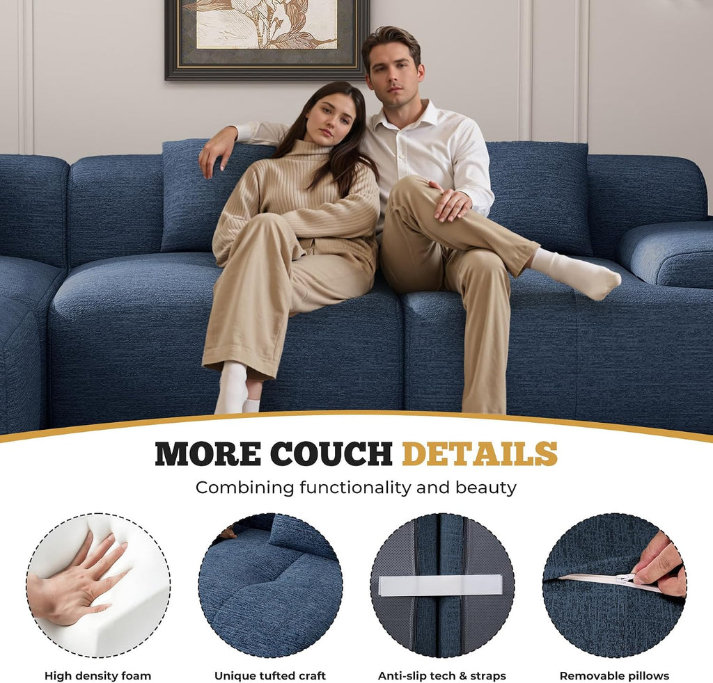 122' Modern Boneless Couches for Living Room, Convertible L Shaped Modular Sectional Sofa,4 Seater Cloud Couch Sofa Set, Blue 1 PCS