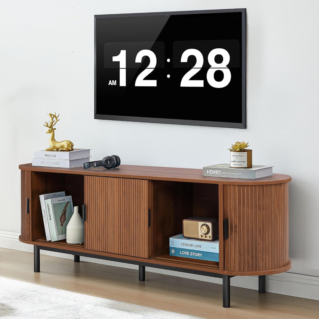 Janmer Home 63' Fluted TV Stand for 65/70 Inch, Mid Century Modern Console With Sliding Doors, Curved Gaming Entertainment Center, Media Console for Living Room, Bedroom (Walnut, 63inch-4doors)