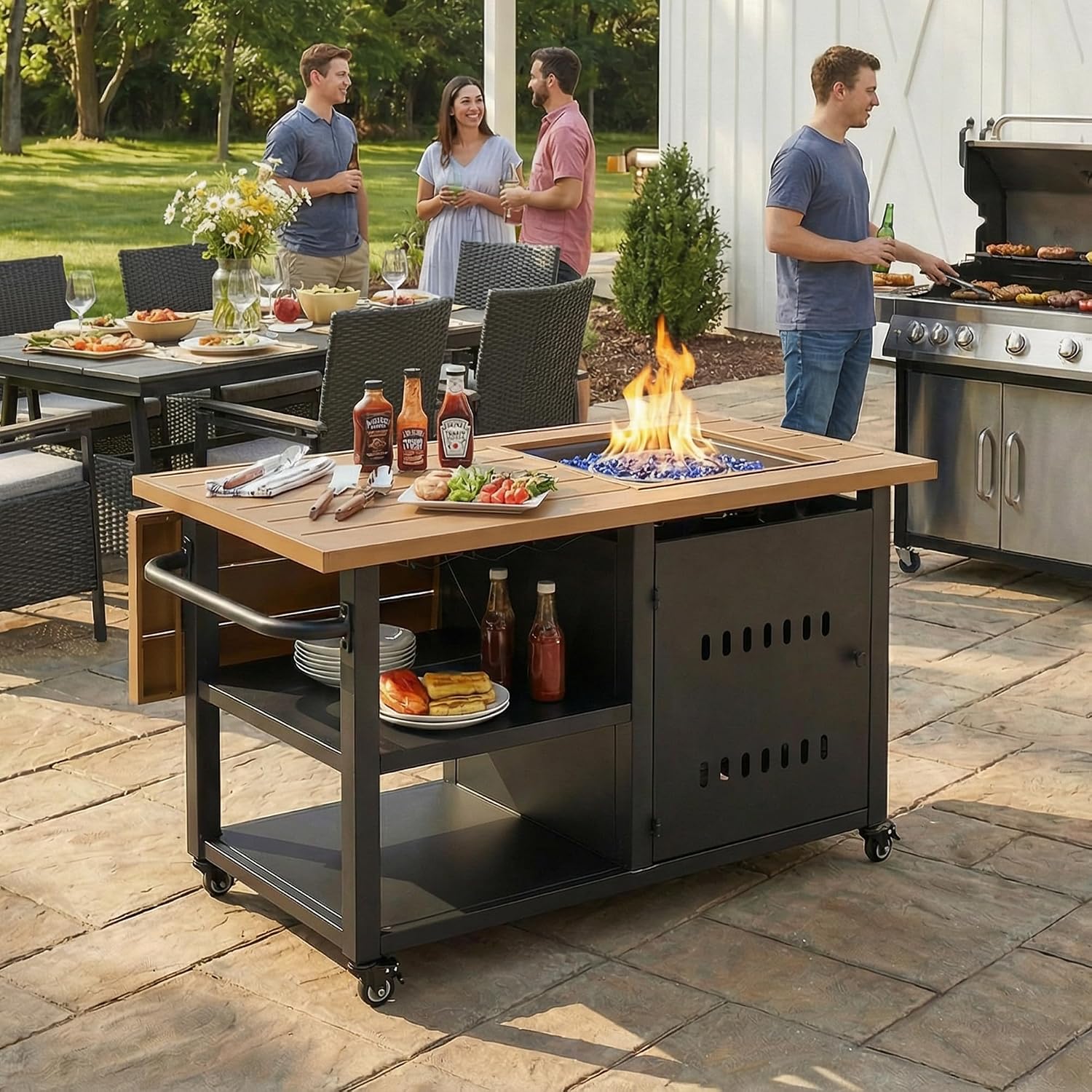 44' Propane Fire Pit, Gas Fire Pits for Outside Patio with Cover, Moveable Outdoor Storage Cabinet with Handle/Wine Guard, BBQ Grill Cart for Patio with Extendable Tabletop for Deck, Black