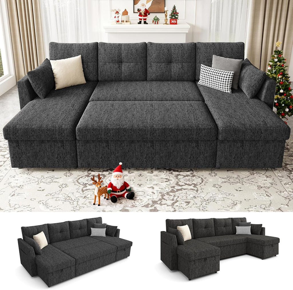 Huatean Home Oversized Sleeper Sofa Couch, 110 inch 2 in 1 Pullout Couch Bed with Side Pockets for Living Room, Sectional Sleeper Sofa Bed with Double Storage Chaise, Black
