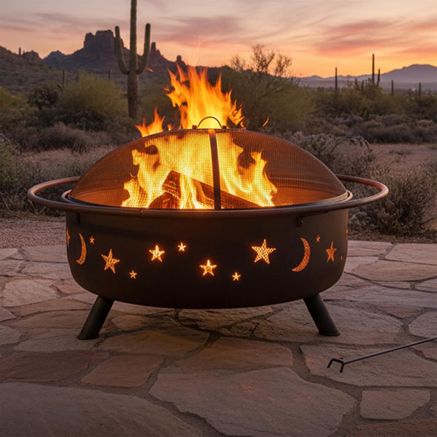 Sunnydaze Large Cosmic Outdoor Fire Pit - Wood-Burning Fire Pit with Round Spark Screen, Poker, and Built-in Grate - 42' - Bronze