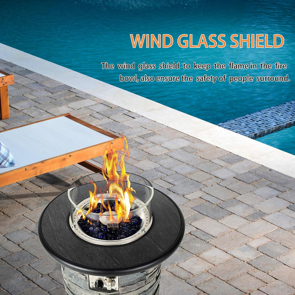 BAIDE HOME Outdoor Propane Fire Pit Table, Round Porcelain Tile Top 22' Fire Bowl Column W/ 40,000 BTU Firepit Table Auto-Ignition 400D Cover Glass Rocks for Outside Patio