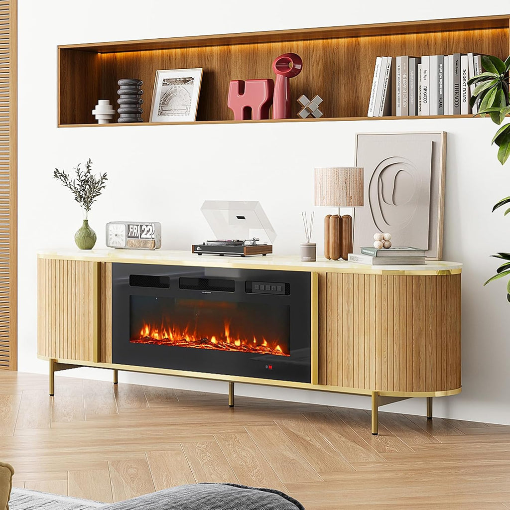 Luxury 70' Fluted TV Stand with Fireplace, Modern Chic Entertainment Center for TVs Up to 80', TV Console for Living Room, Media Cabinet with Storage,70 Inch, Oak