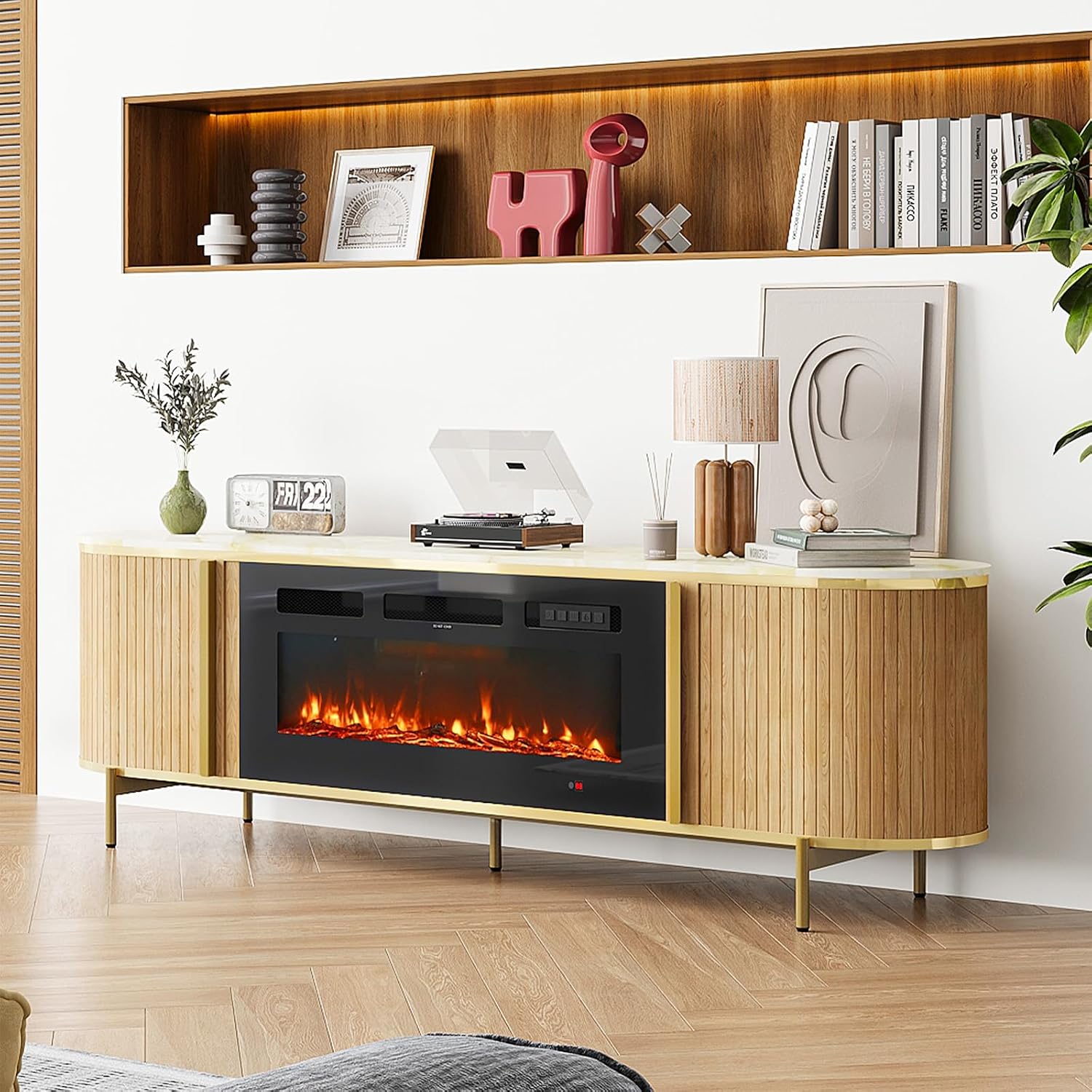 Luxury 70' Fluted TV Stand with Fireplace, Modern Chic Entertainment Center for TVs Up to 80', TV Console for Living Room, Media Cabinet with Storage,70 Inch, Oak