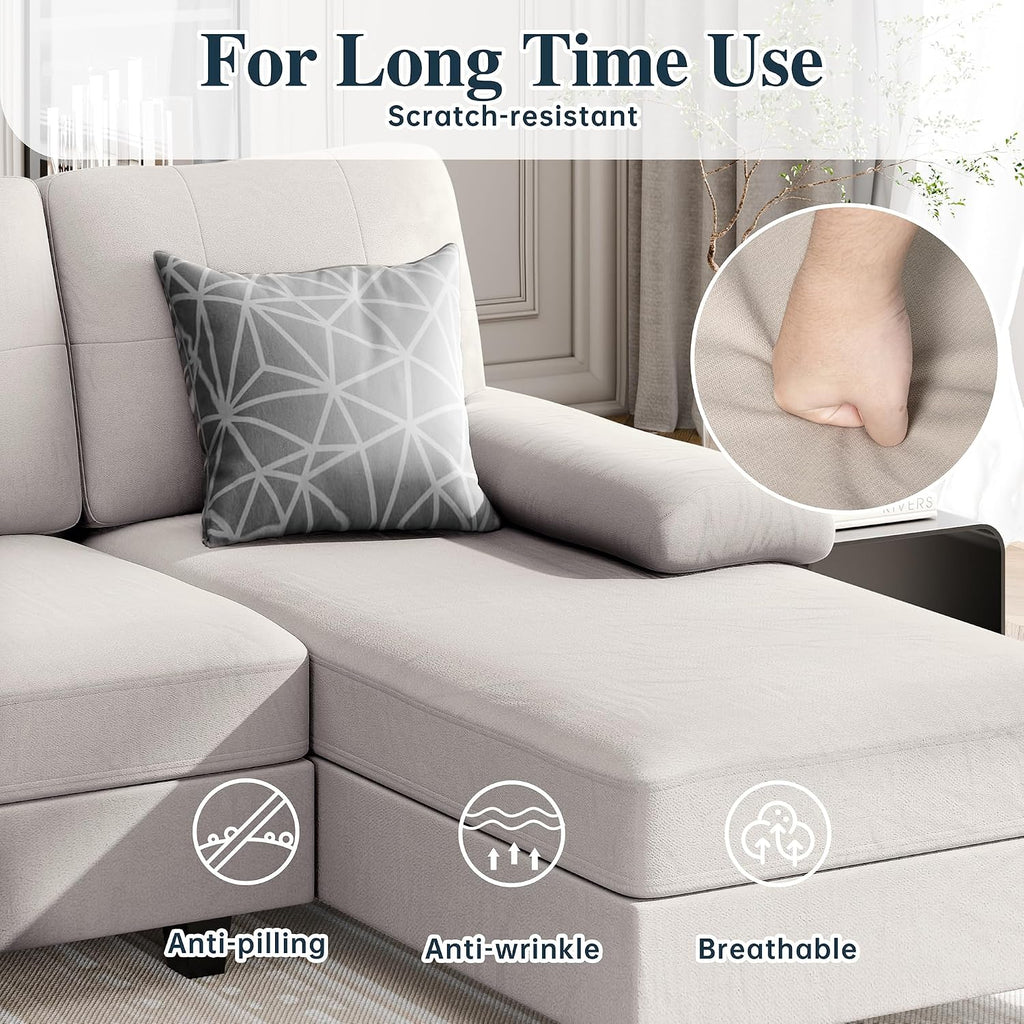 Sectional Couches for Living Room, U Shaped Couch with Linen Fabric, 4 Seat Sofa with Removable Pillows for Apartment and Small Space, White