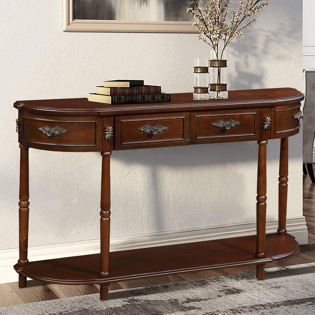 Retro Curved Console Table, 52' Half Moon Console Table Sofa Table Entryway Table with 2 Drawers 1 Open Shelf Solid Pine Legs for Living Room,Entryway,Hallway,Cherry
