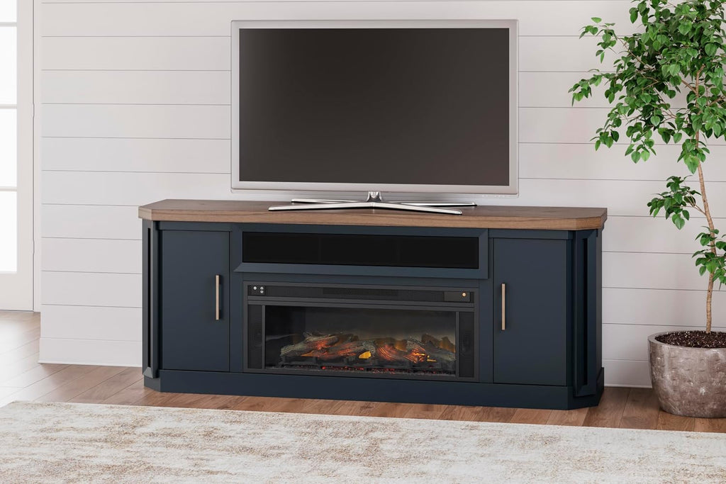 Signature Design by Ashley Landocken Contemporary 83' TV Stand for TVs up to 95' with Fireplace Option, 2 Cabinets, 2 Doors, 2 Adjustable Shelves, Open Cubbies and Cord Openings, Dark Brown & Blue