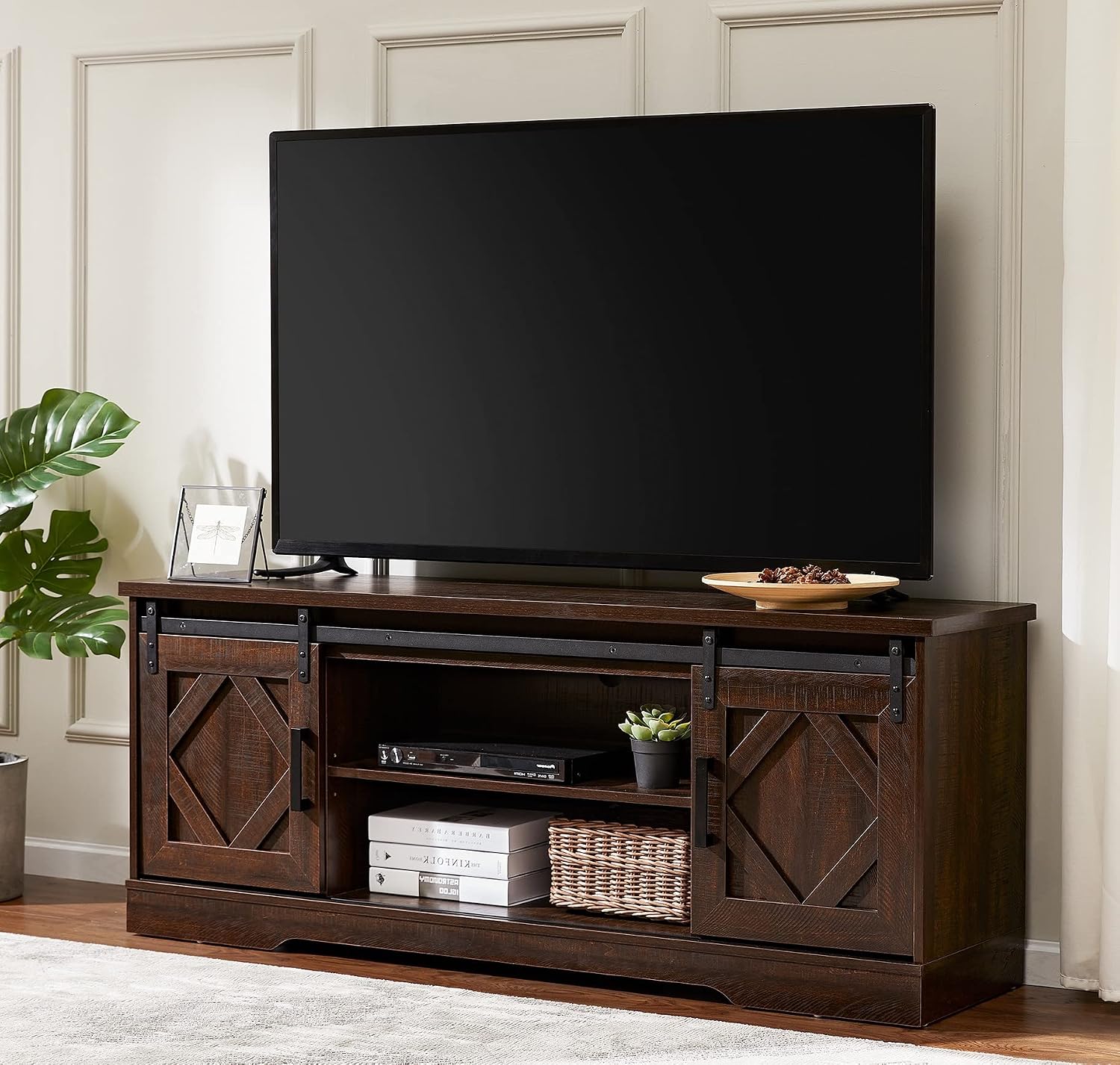 WAMPAT Modern Farmhouse TV Stand for TVs up to 65' with Sliding Barn Doors, 23.6' H Wood Entertainment Center with Adjustable Media Storage Shelf for Living Room, Dark Walnut Brown