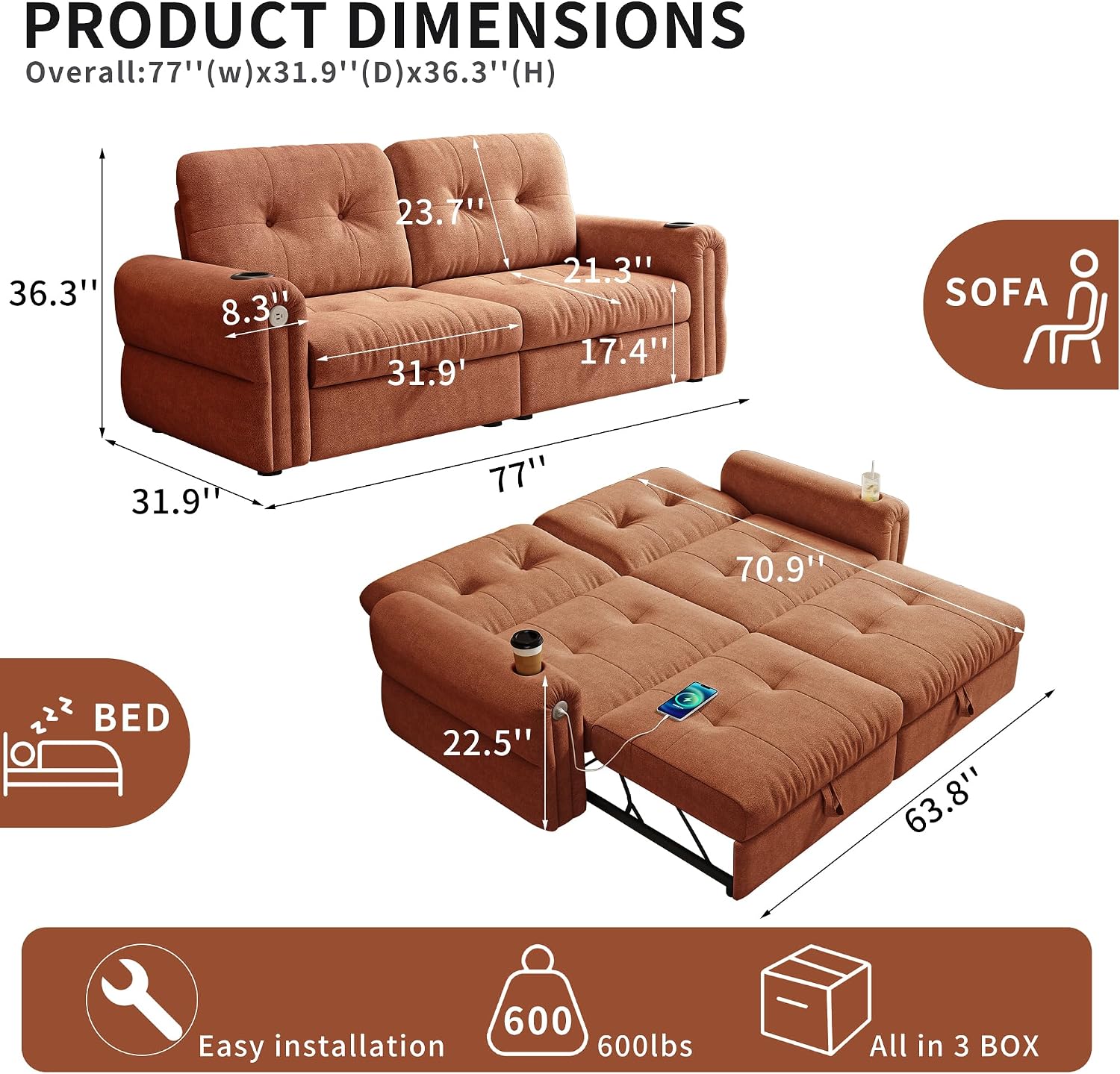 MAKIAAP Sleeper Sofa Bed, Queen Size Sofa Bed, Convertible Pull Out Couch with Adjustable Backrest, USB Port and Side Pockets, Modern 2 Seater Small Couches for Living Room, Space-Saving