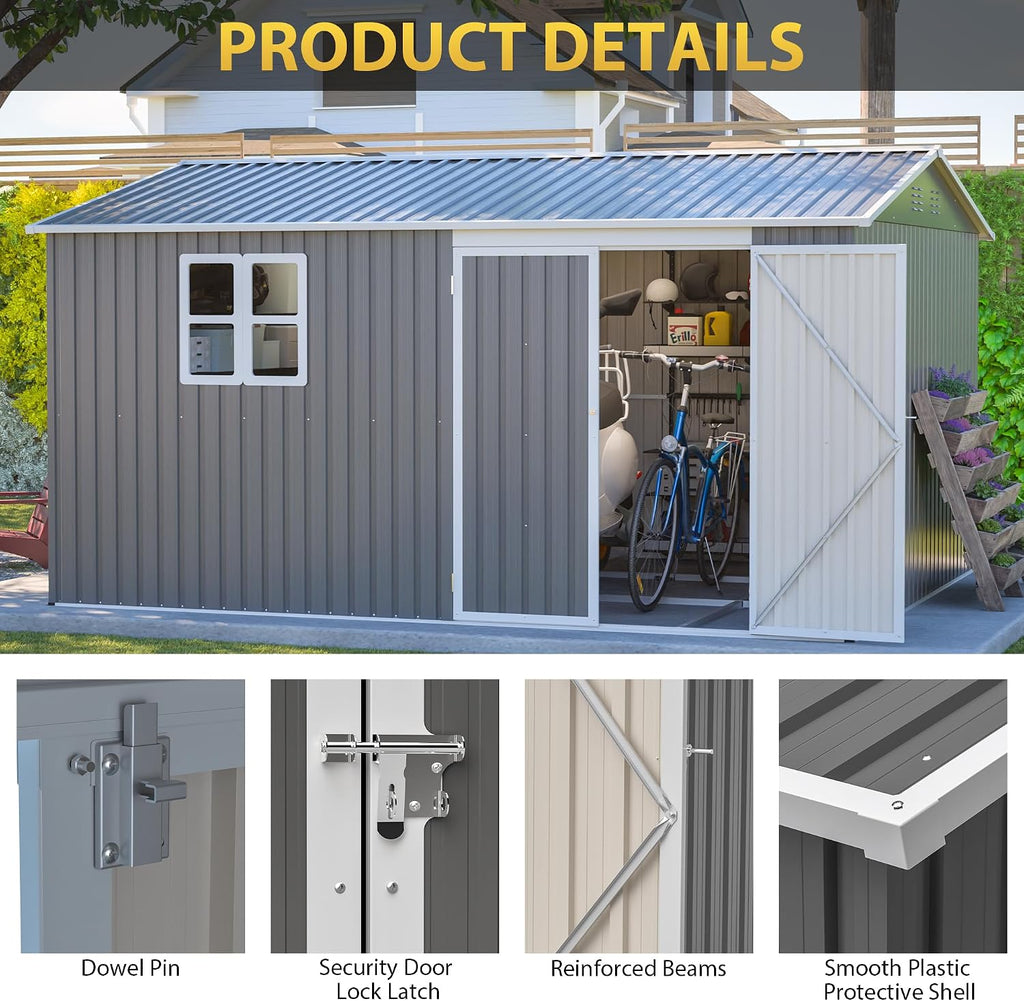12x10 FT Metal Outdoor Storage Shed, Large Waterproof Garden Tool Shed with Lockable Doors, Steel Utility Shed for Backyard, Patio, Lawn & Garden, Grey
