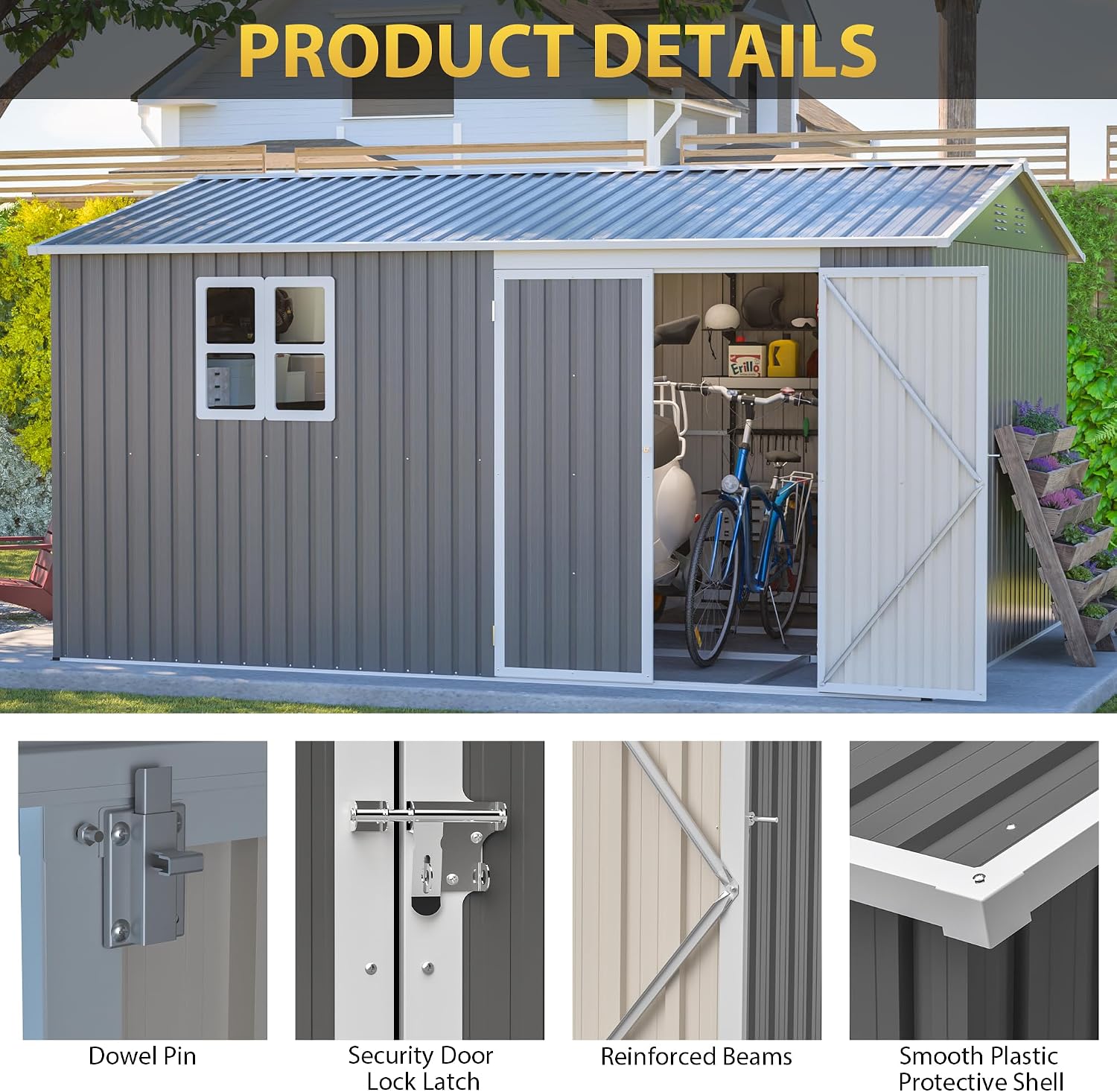 12x10 FT Metal Outdoor Storage Shed, Large Waterproof Garden Tool Shed with Lockable Doors, Steel Utility Shed for Backyard, Patio, Lawn & Garden, Grey
