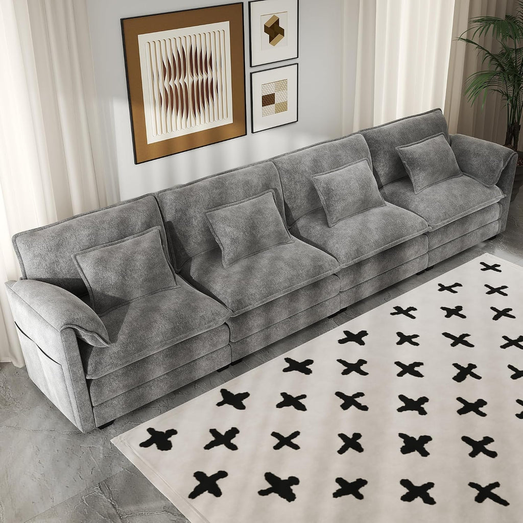 Real Relax 145'' Modular Sectional Sofa, 4 Seat Chenille Convertible Couch with 8 Pillows and 2 Armrest Pillows for Living Room, Office and Leisure Places, Dark Gray